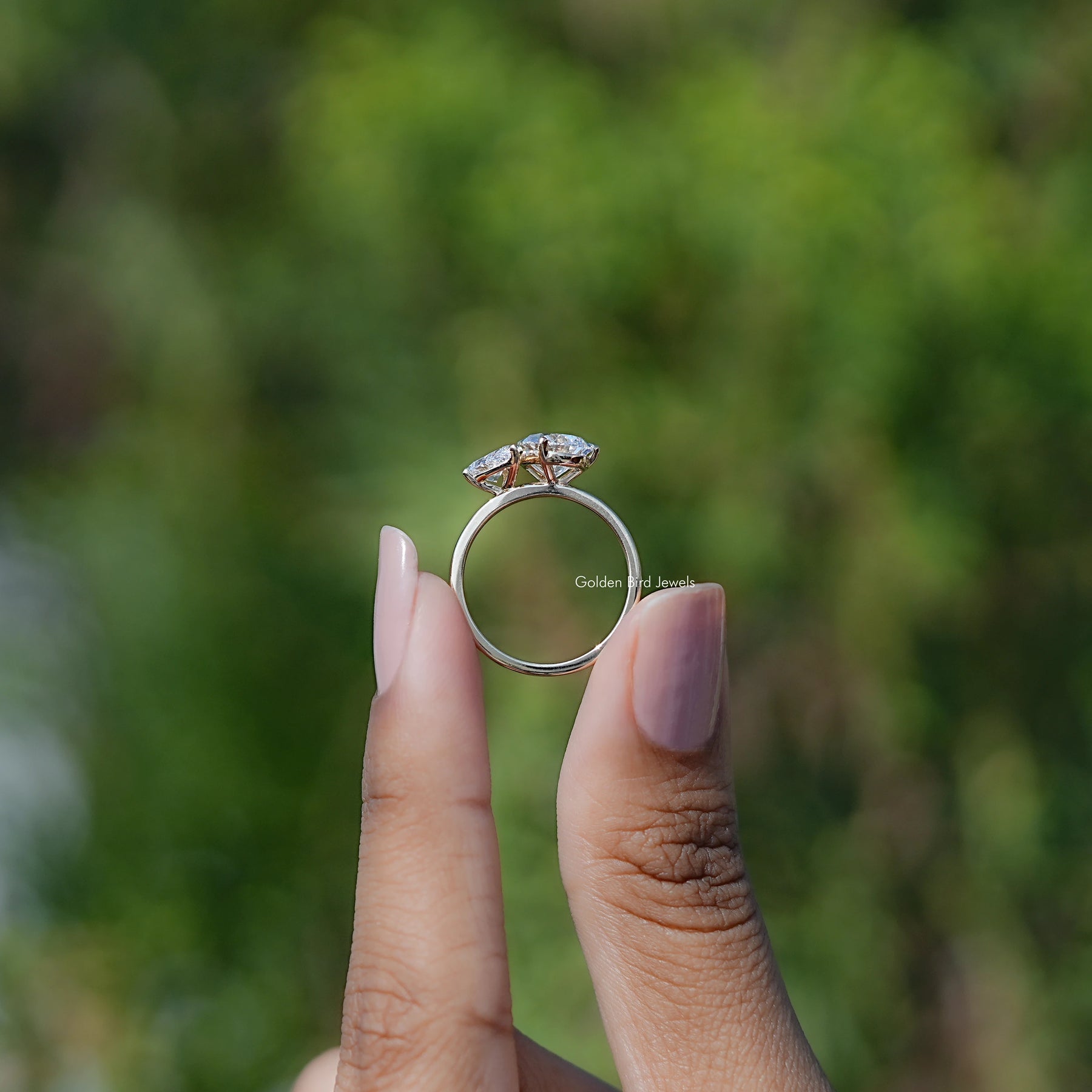Back view of Lab Diamond Two Stone Ring in secure setting