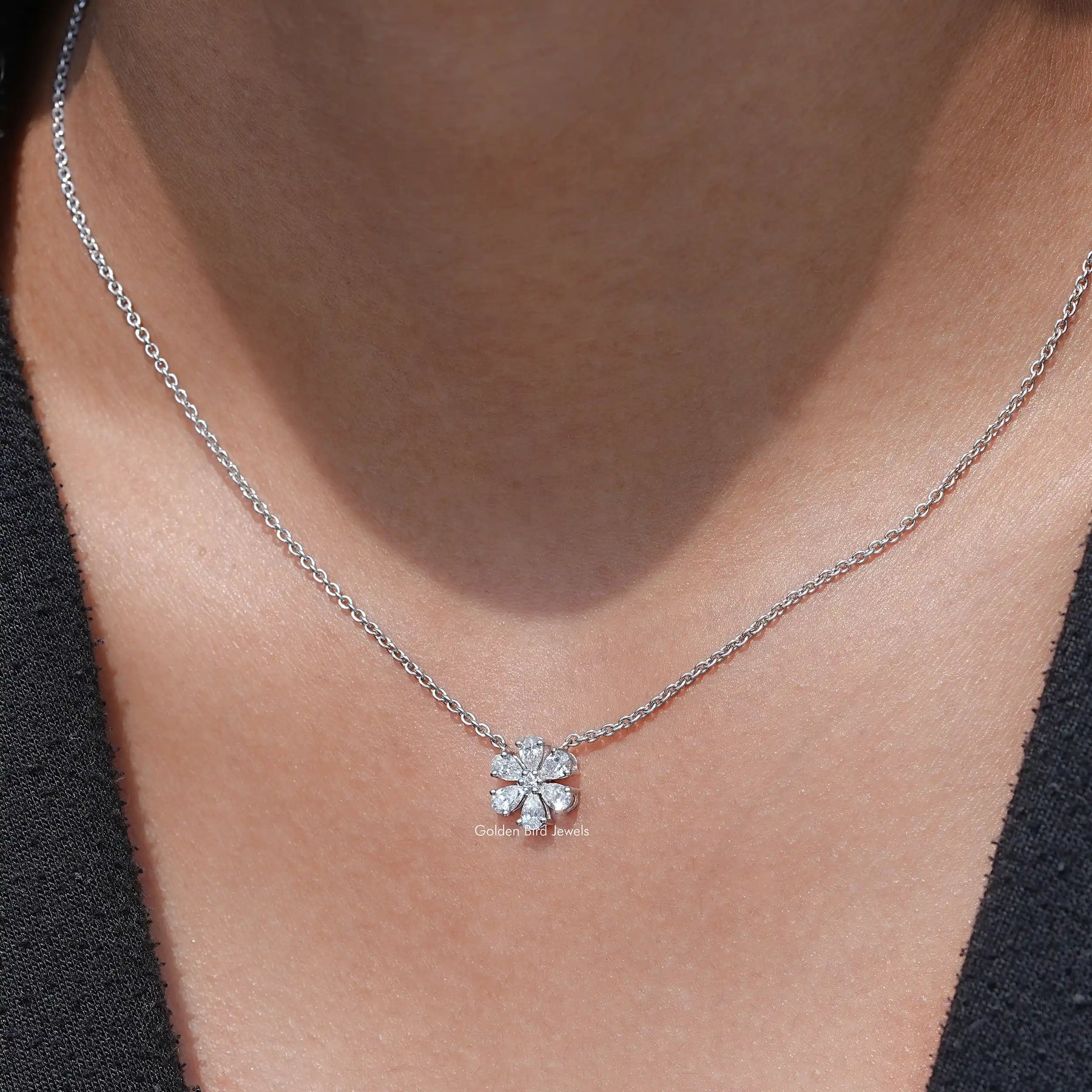 Pear Cut Lab Diamond Flower Pendant In White Gold