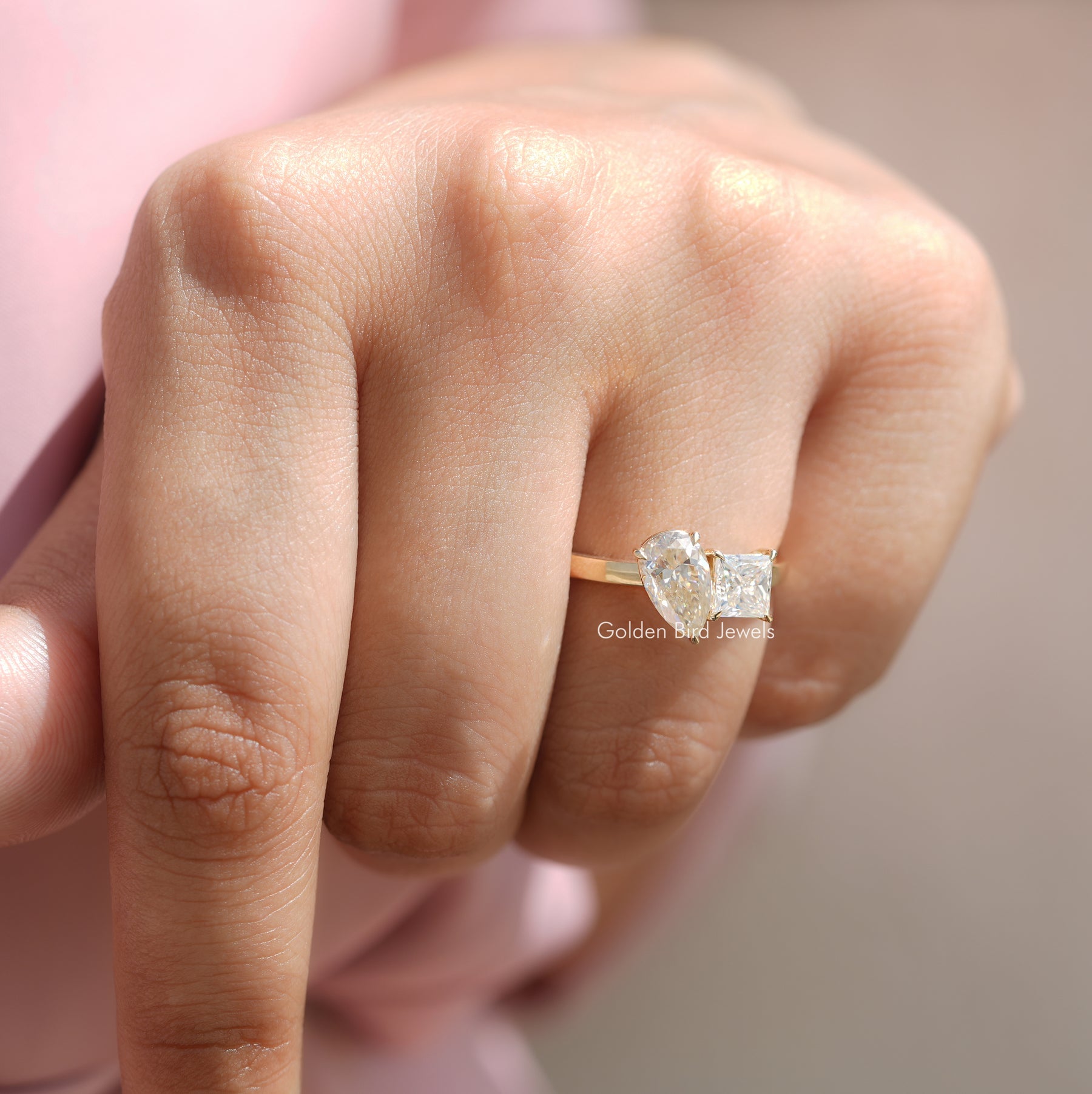 Pear And Princess Shape Moissanite Ring In Yellow Gold