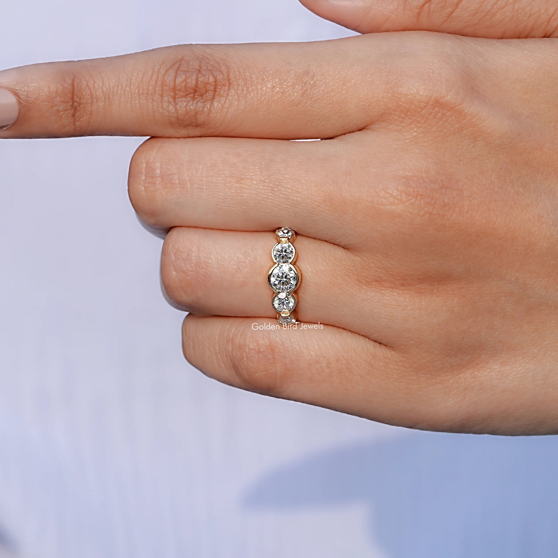 Close-Up View of Pentagon And Round Lab Grown Diamond Five Stone Ring In Yellow Gold