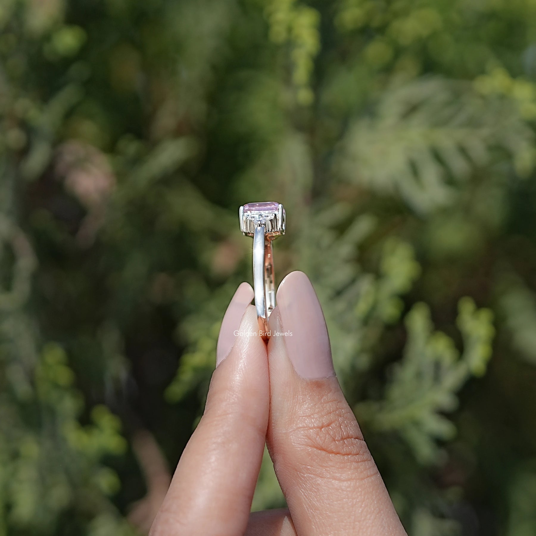 Side View of Pink Emerald Cut Moissanite Solitaire Ring