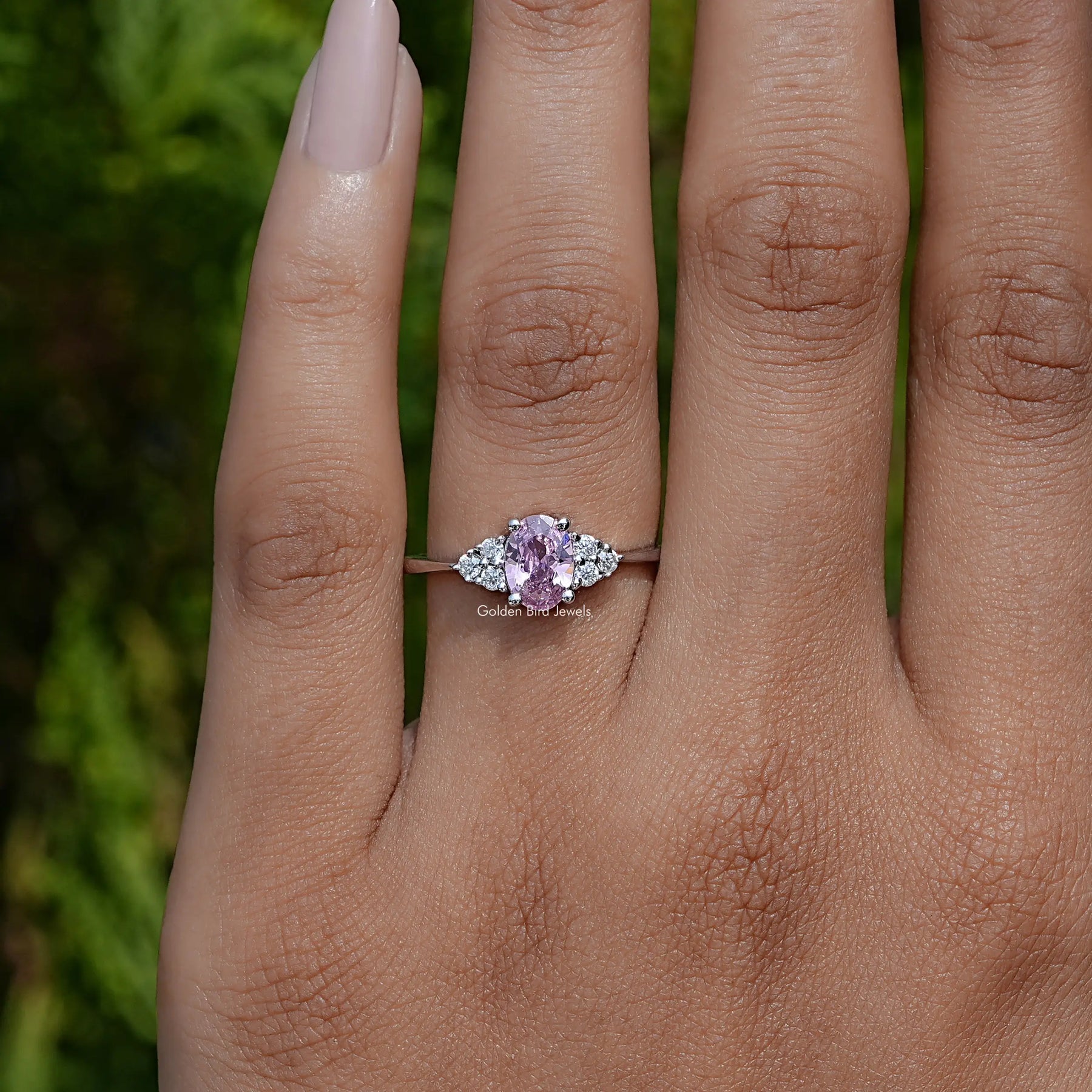 In Finger front view of Pink Tourmaline Oval Cut Gemstone Ring In White Gold
