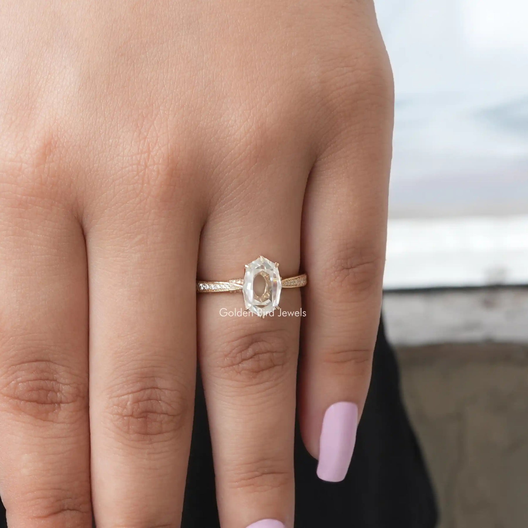 View of Portrait Hexagon Cut Moissanite Ring In Yellow Gold