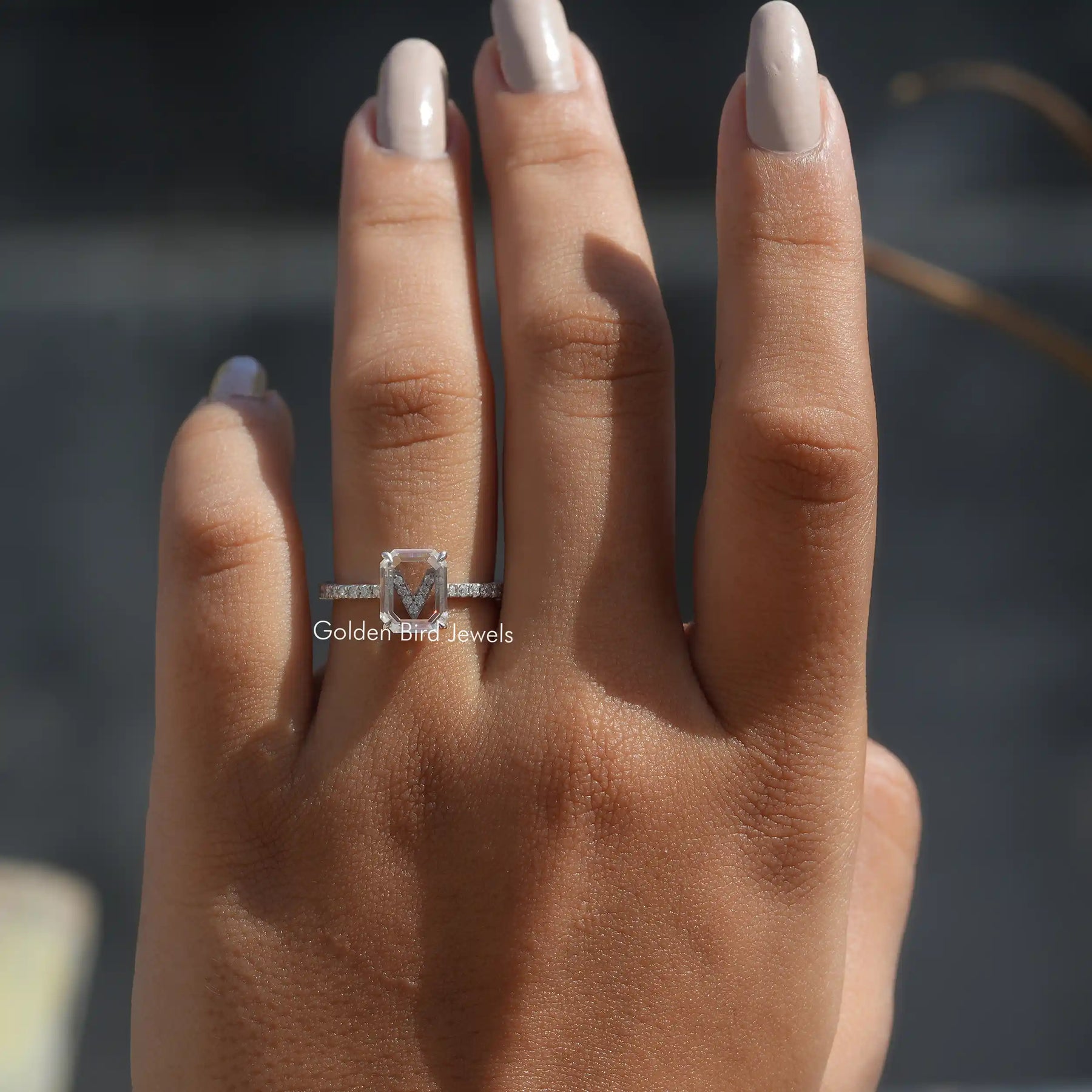 Close-Up View of Portrait Cut Moissanite Engagement Ring In White Gold