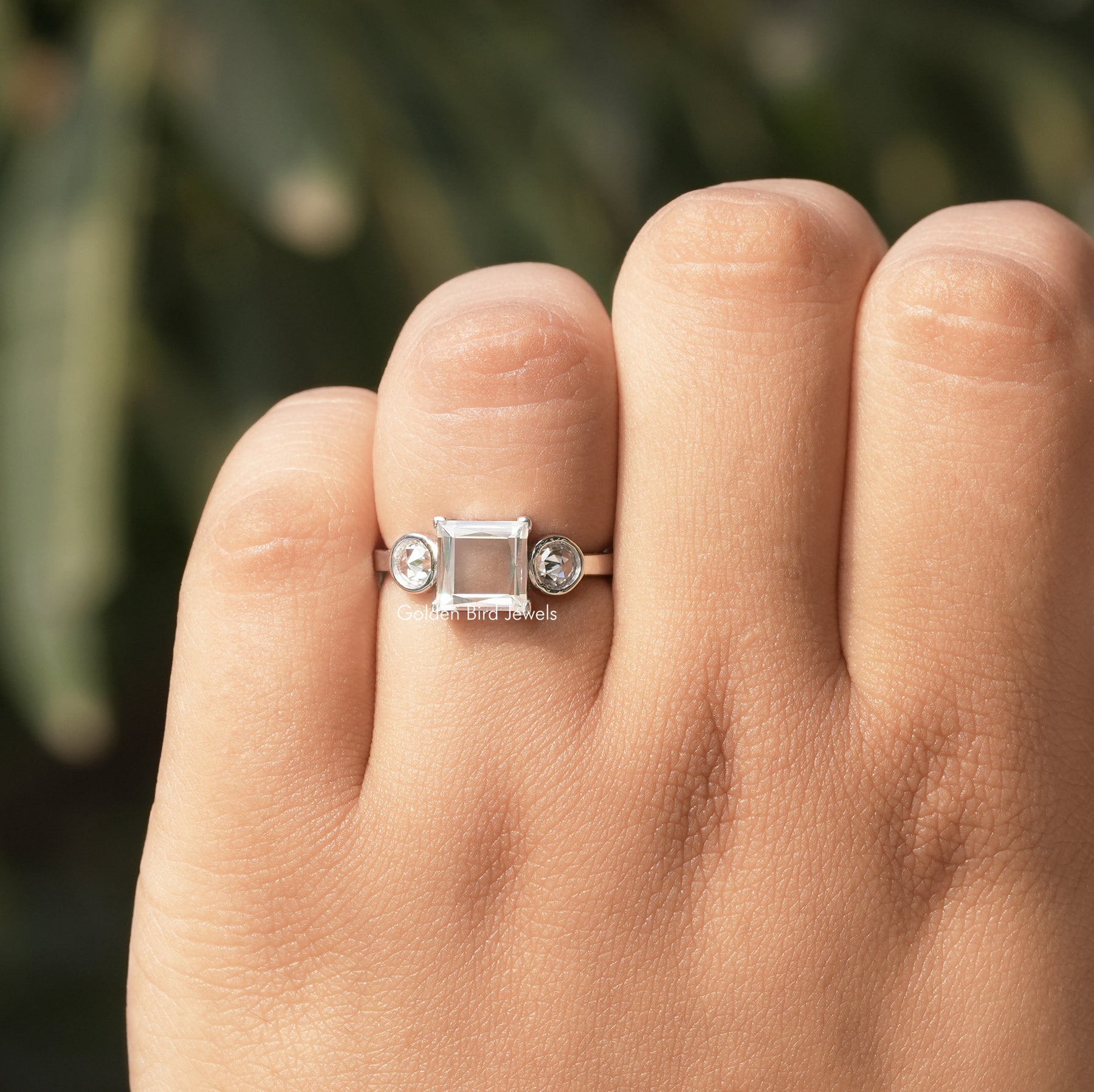 View of Moissanite Princess Cut White Gold Ring In finger