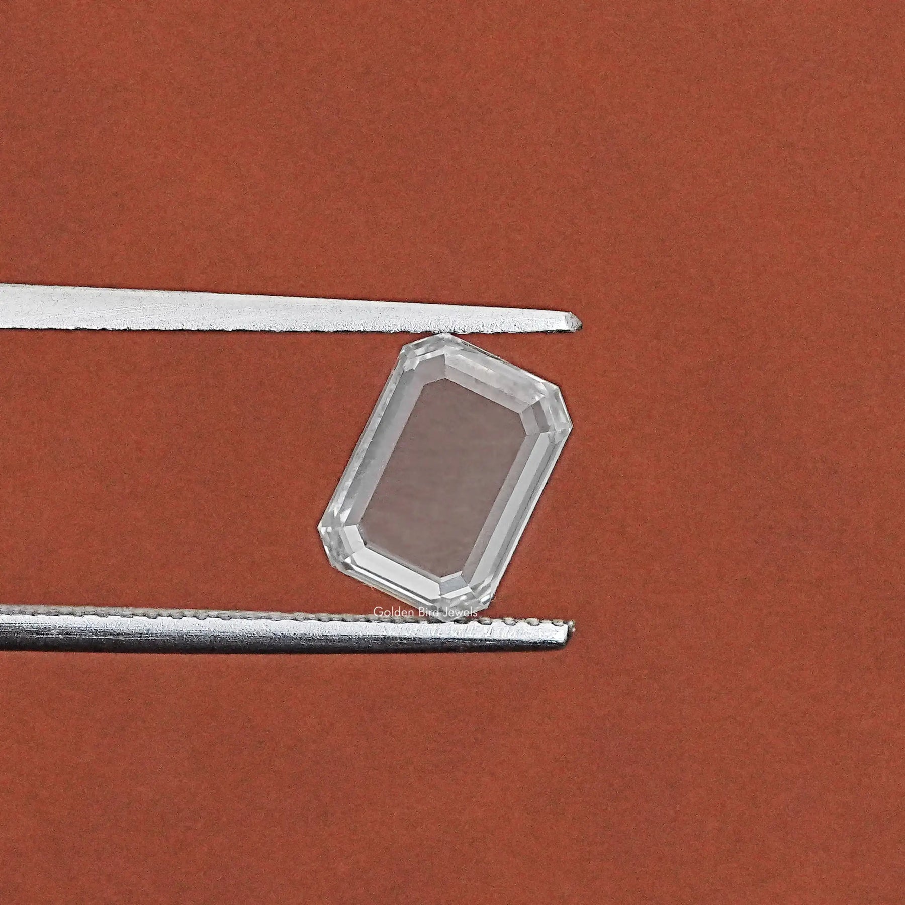 Tweezer holding the Portrait Emerald Cut Loose Lab Diamond