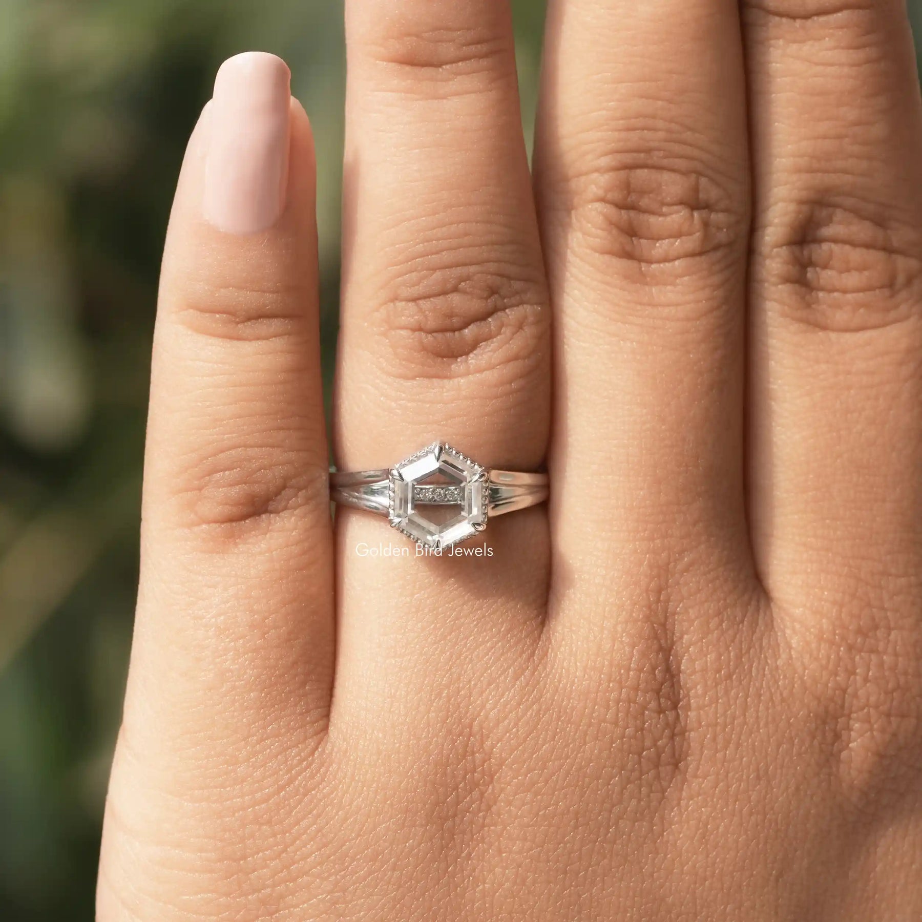View of Portrait Hexagon Cut Solitaire Ring In finger