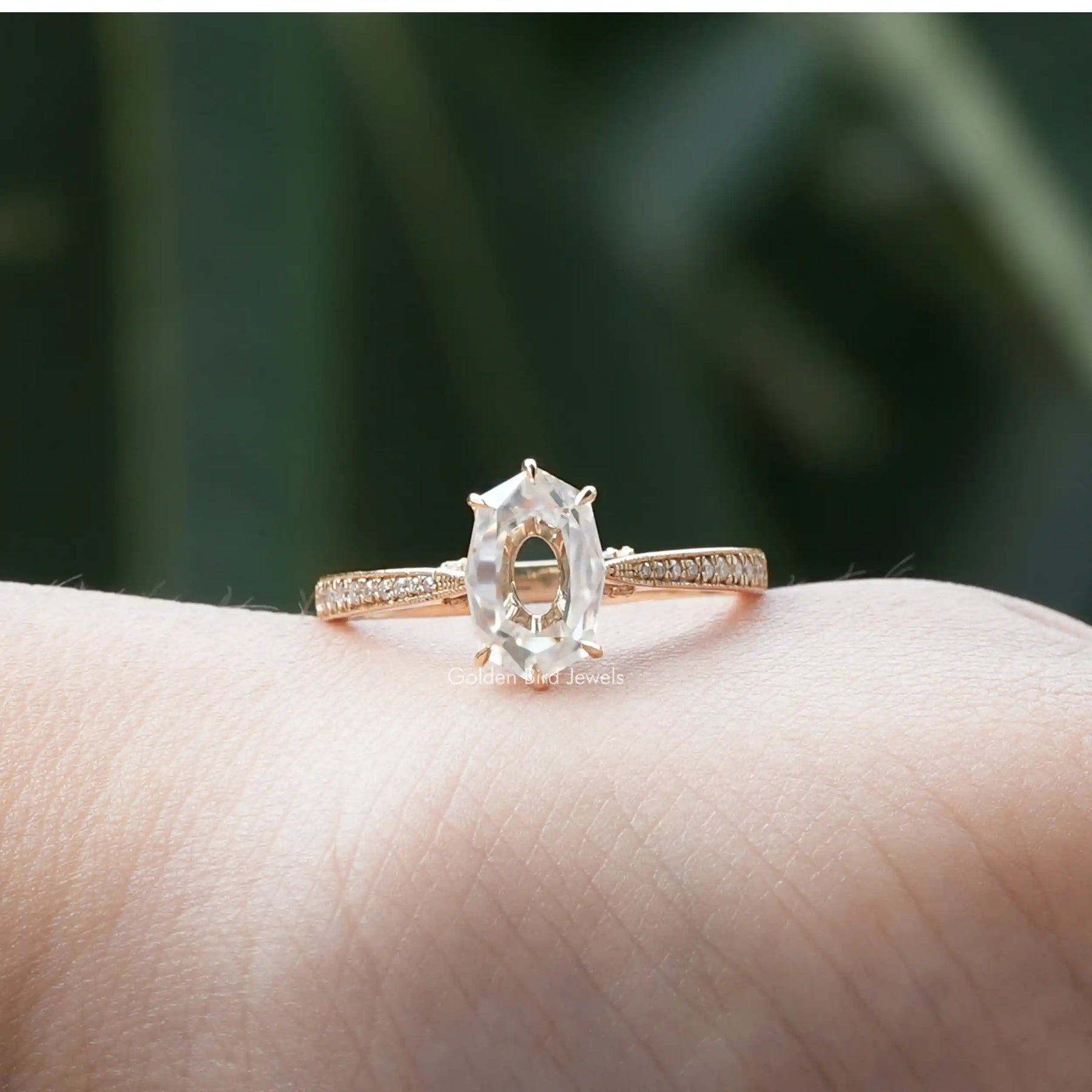 View of Portrait Hexagon Cut Hidden Halo Moissanite Ring In Yellow Gold