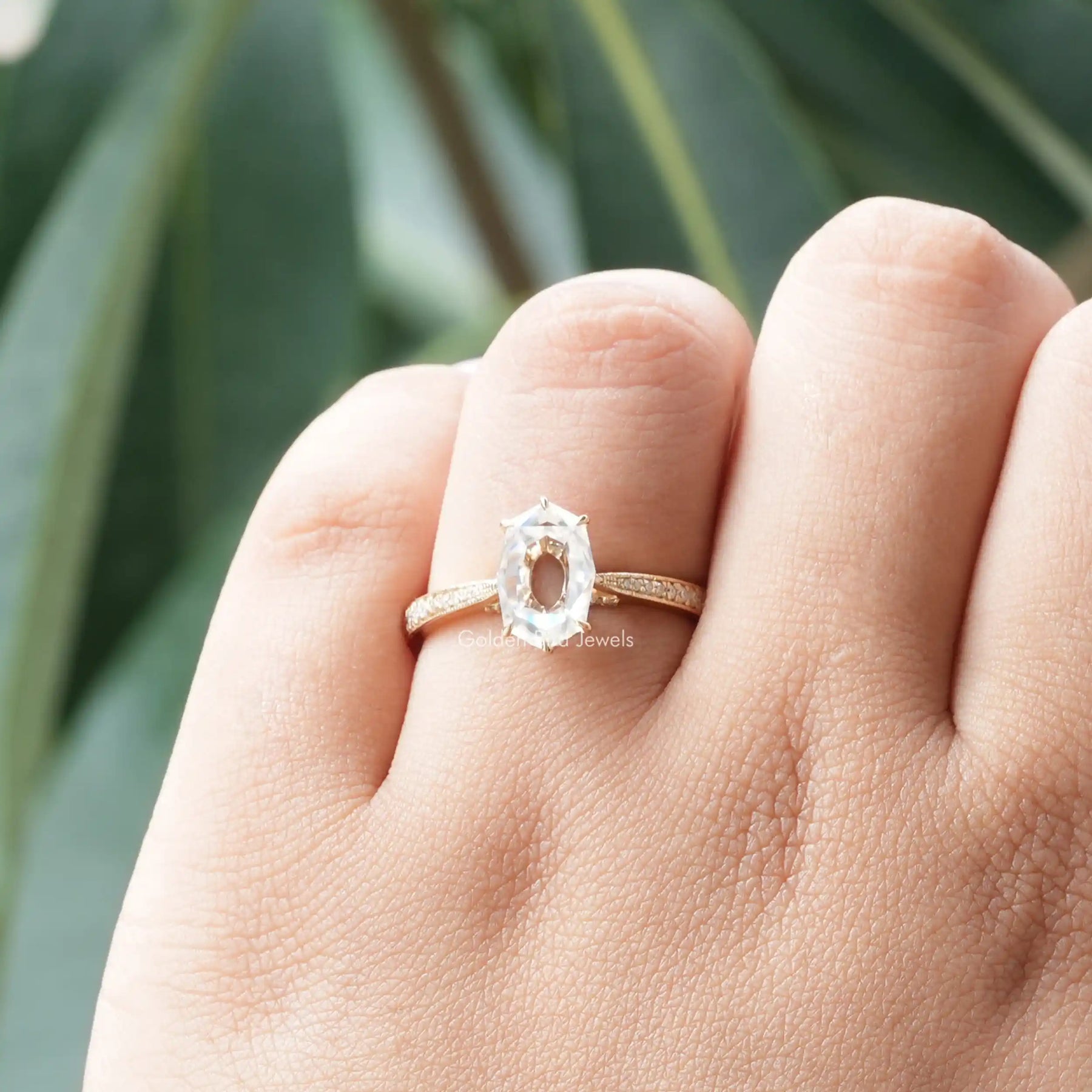Detailed View Of Portrait Hexagon Hidden Halo Moissanite Ring