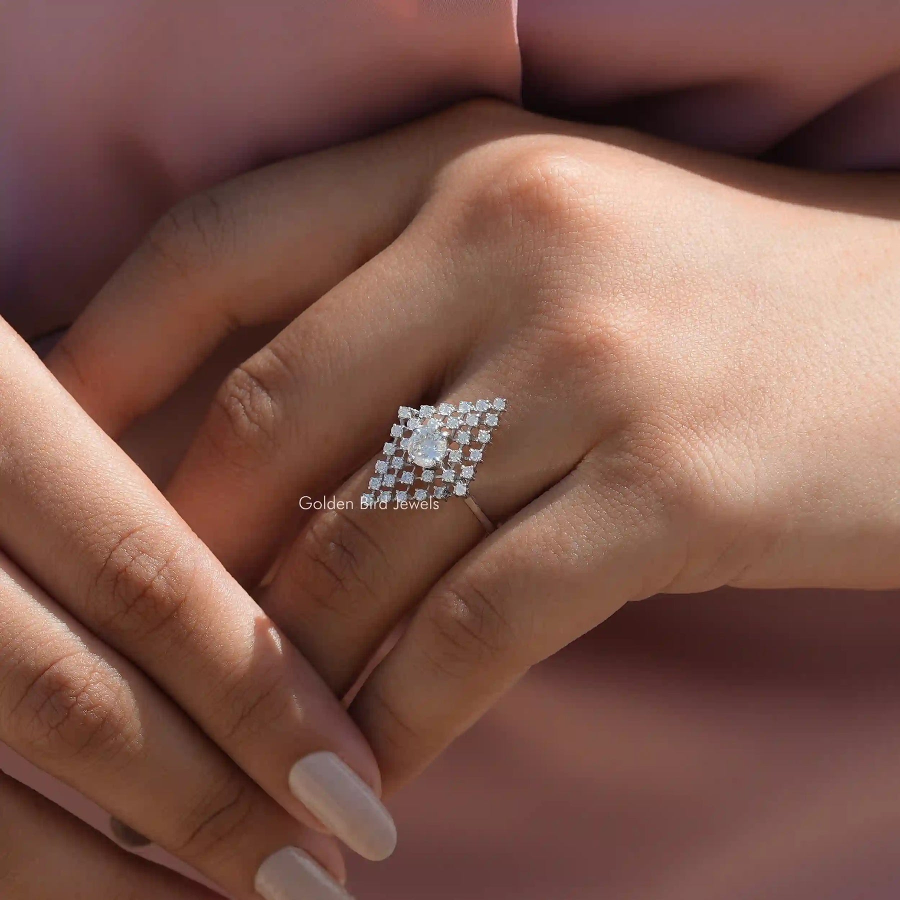 View of 1 Carat Portuguese Cut Moissanite Cluster Engagement Ring on finger