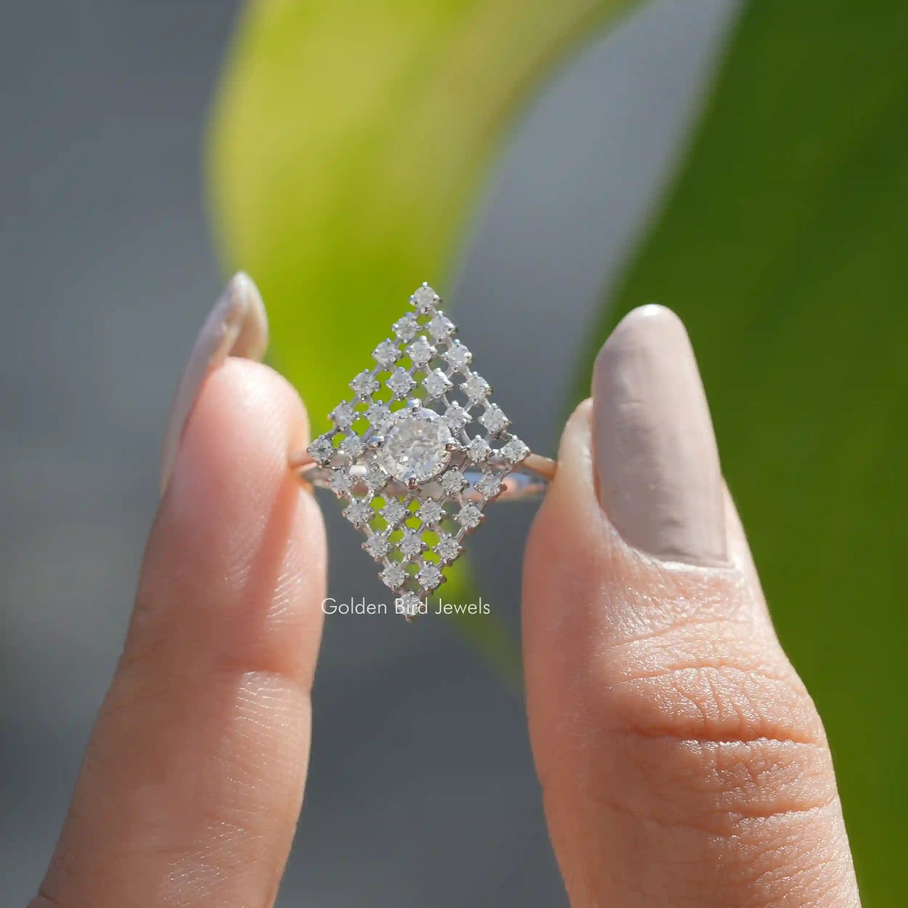 Front View of Portuguese Cut Cluster Cocktail Engagement Ring on two fingers