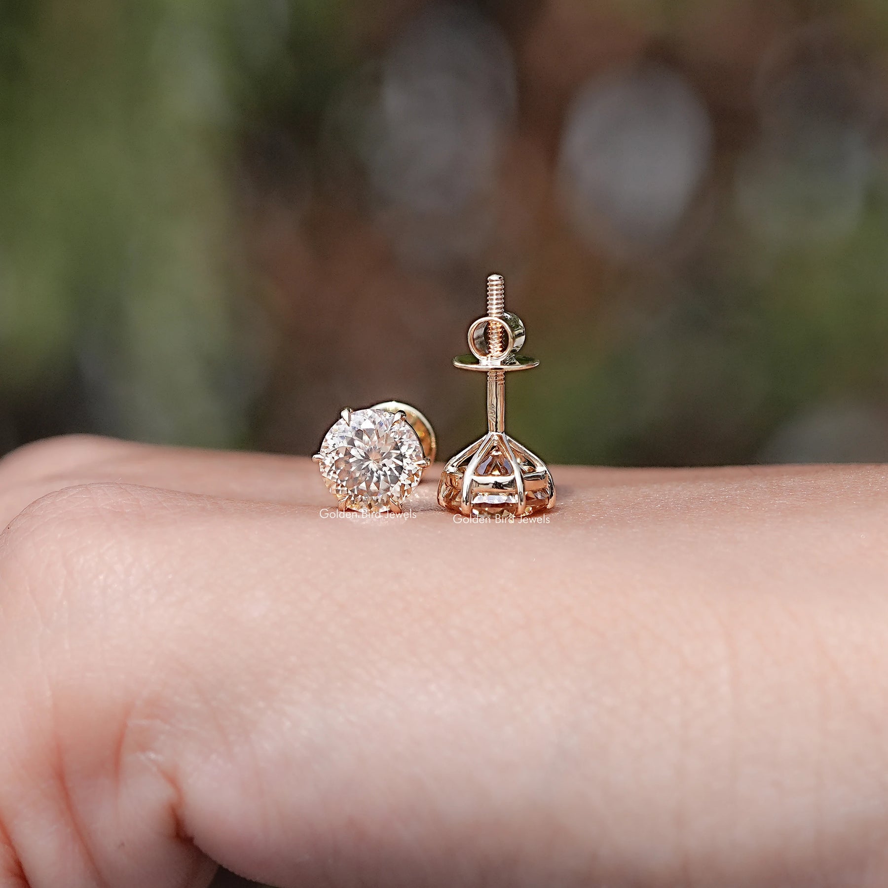 Front And Back Side View Of Round Cut Moissanite Stud Earrings