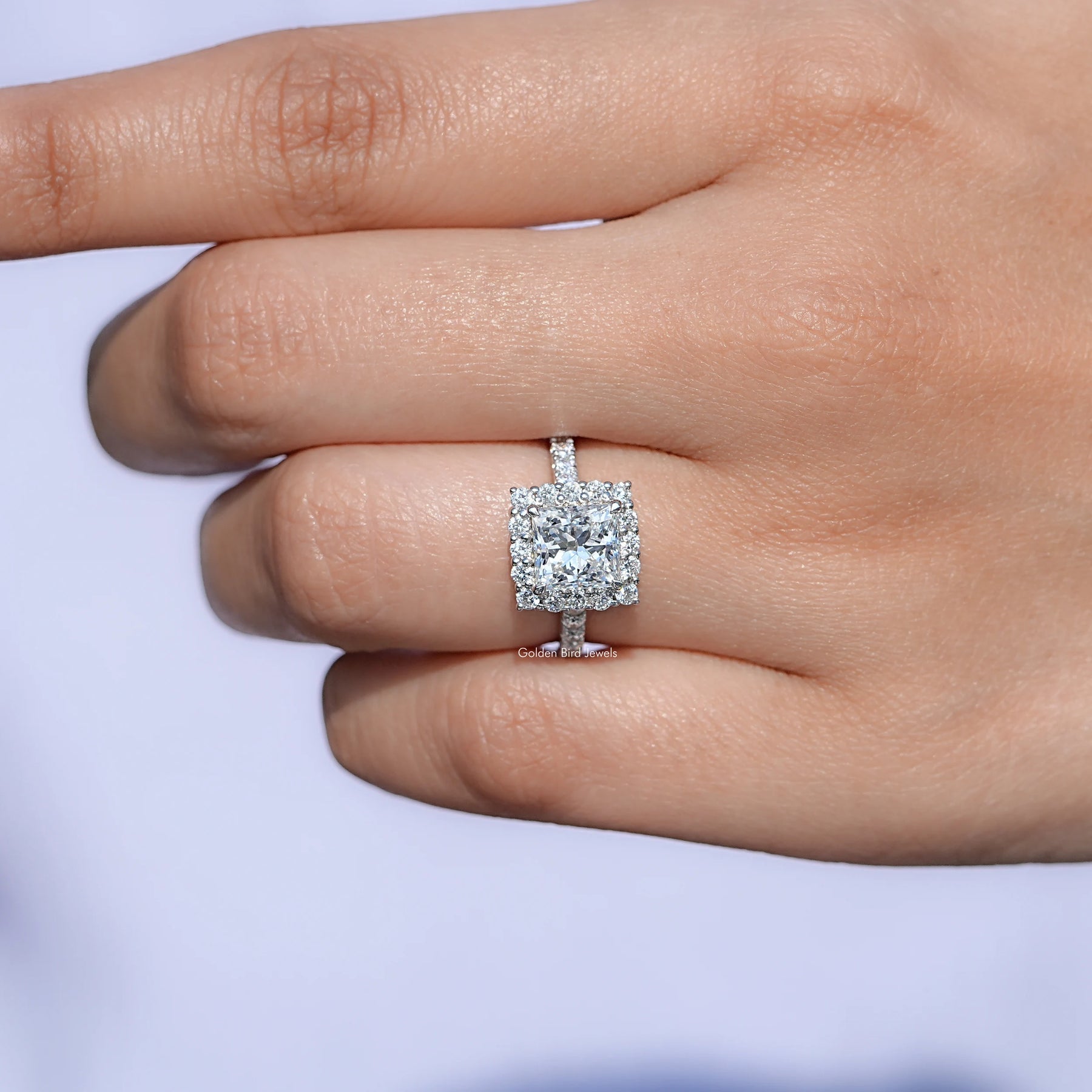 Top view of Cushion Cut Accent Halo Wedding Ring for women 's wear