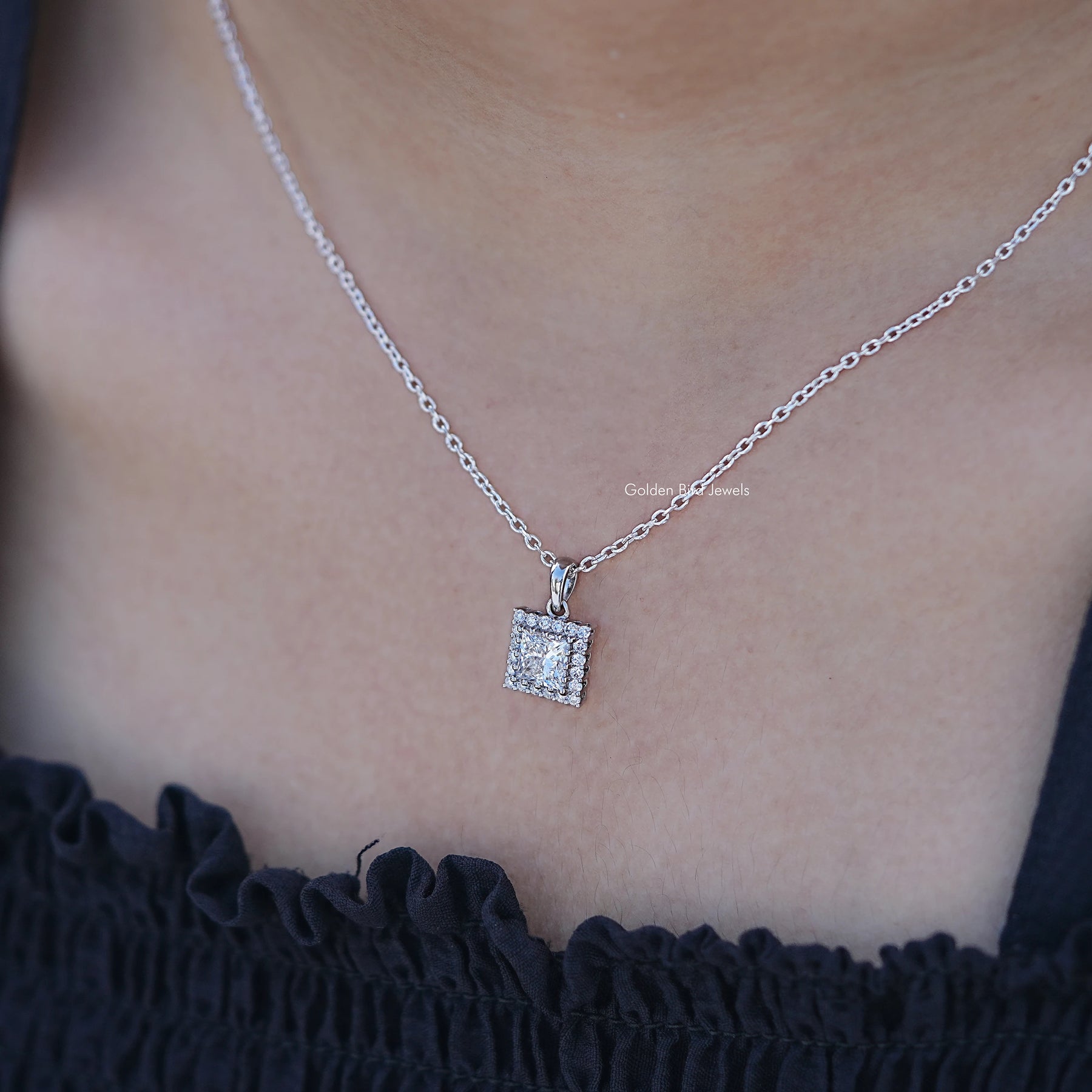 In Neck View of Princess Cut Lab Diamond Halo Pendant