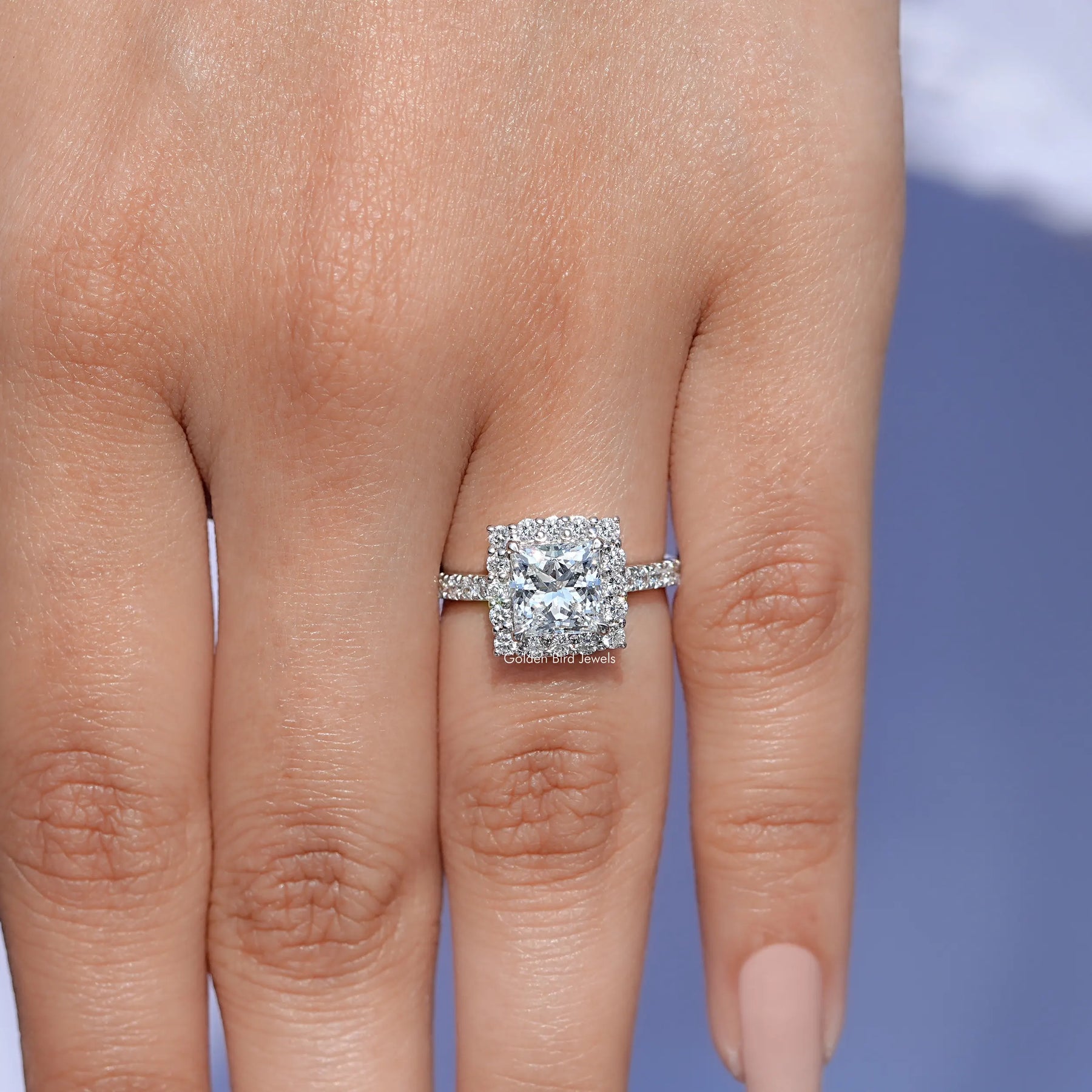 View of Princess Cut Lab Diamond Halo Ring in prongs setting