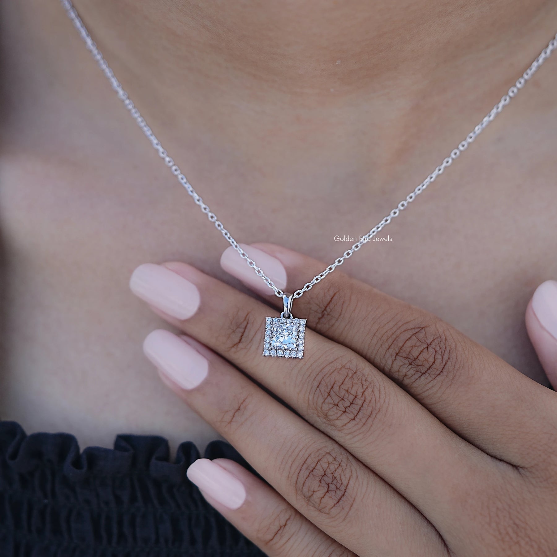 Display View of Lab Diamond Princess Cut Halo Pendant