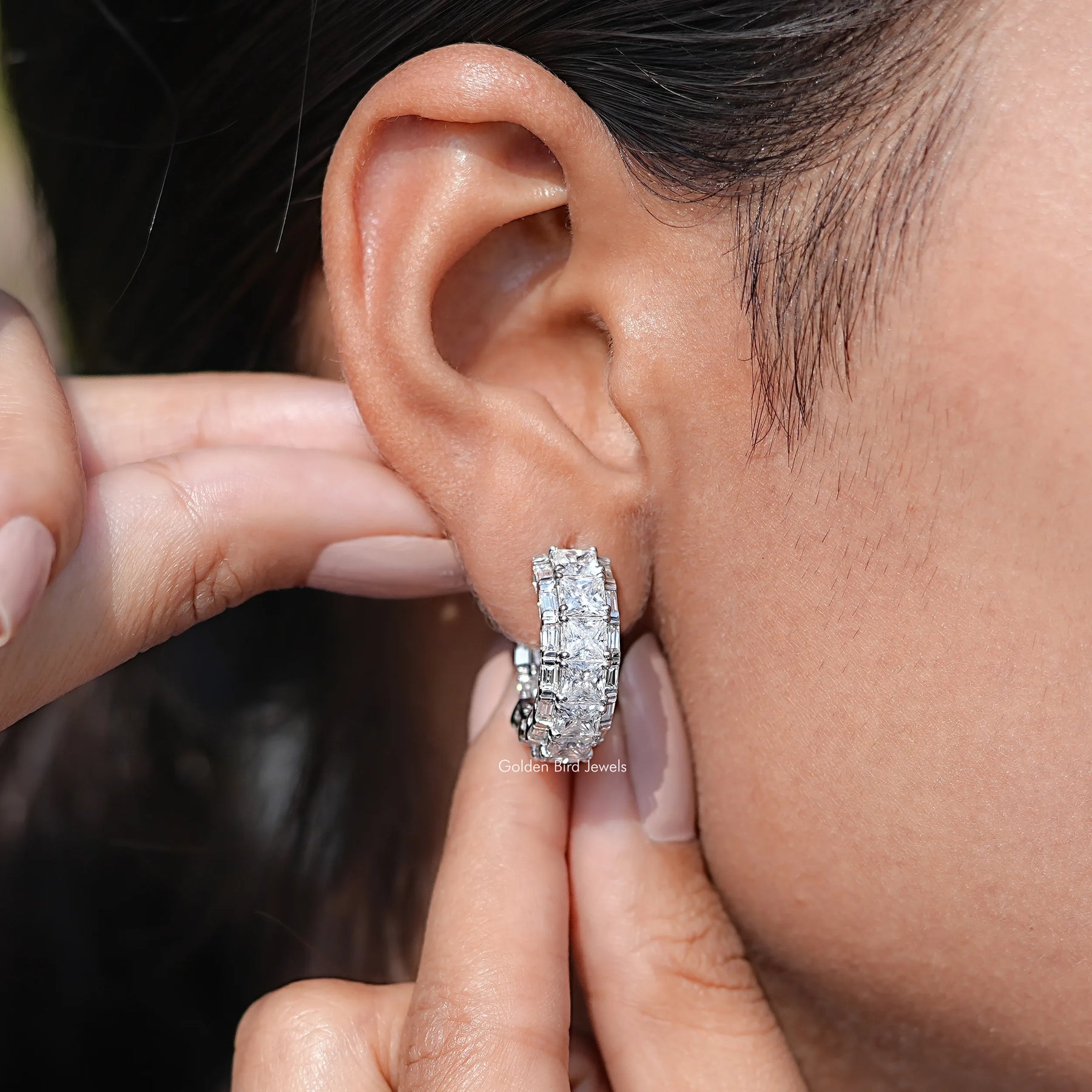 Close-Up View of Princess Cut Moissanite C Hoop Earring