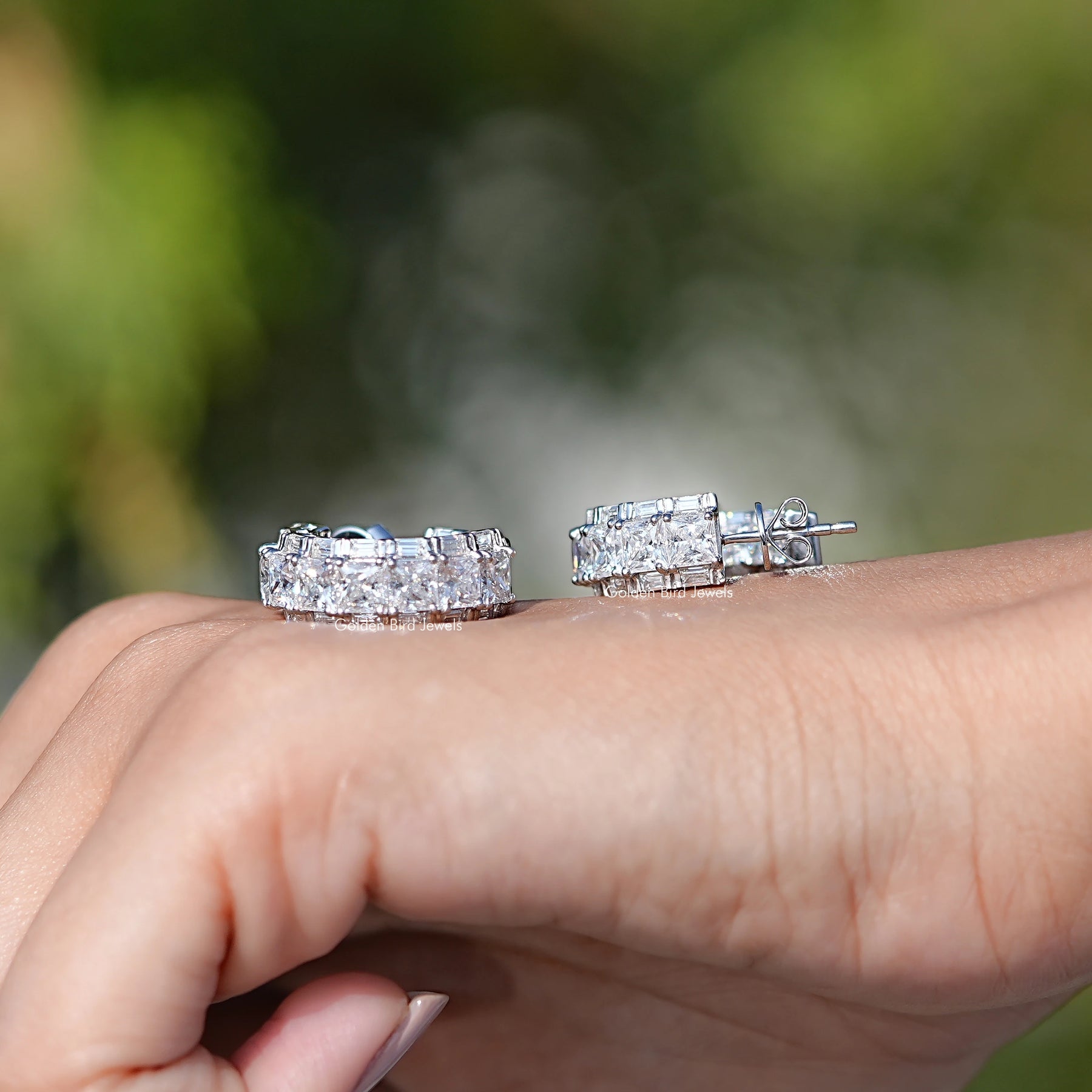 View of Princess Cut Moissanite Hoop Earring In White Gold
