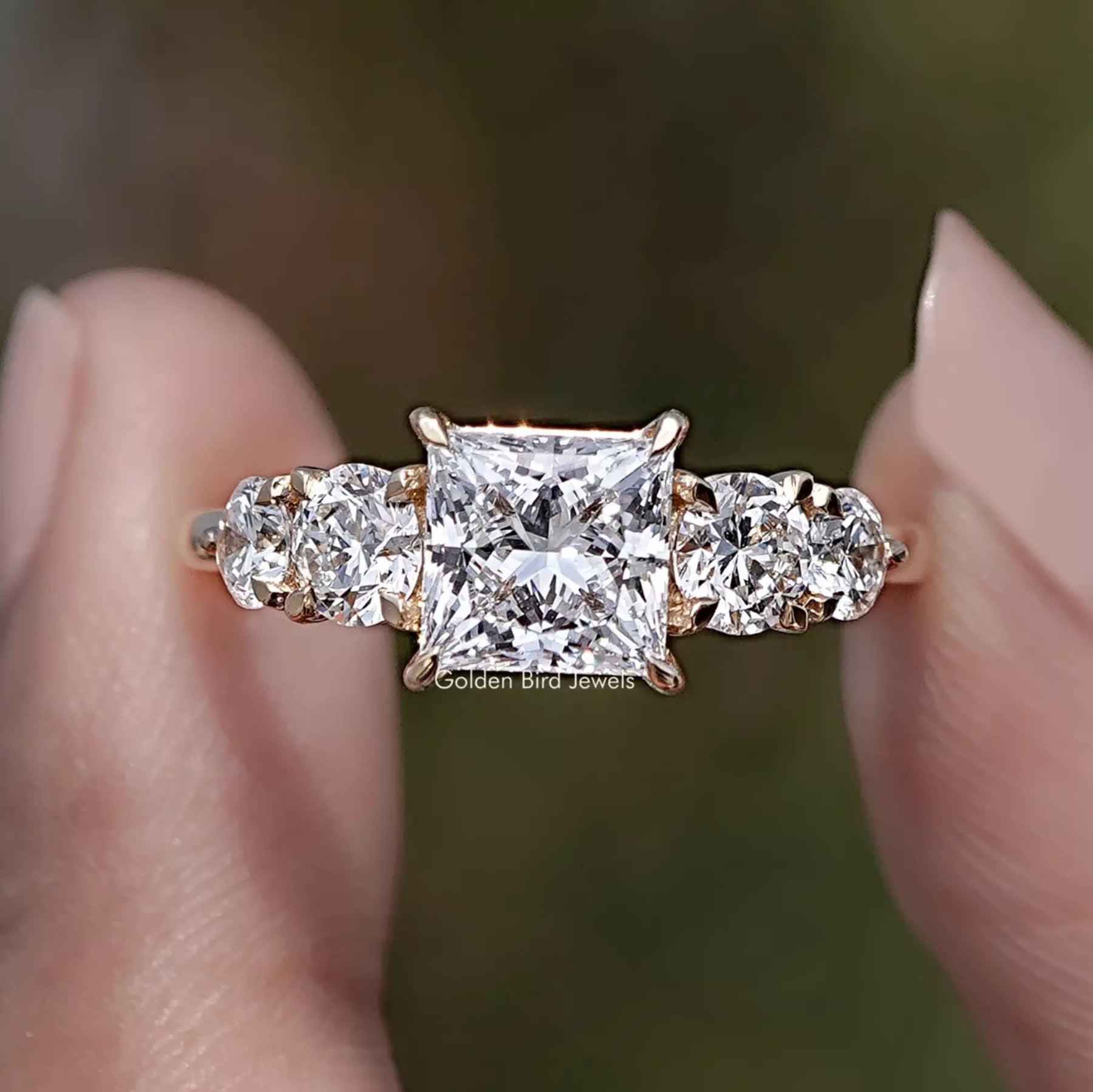 Princess Lab Diamond Five Stone Engagement Ring in Two Fingers