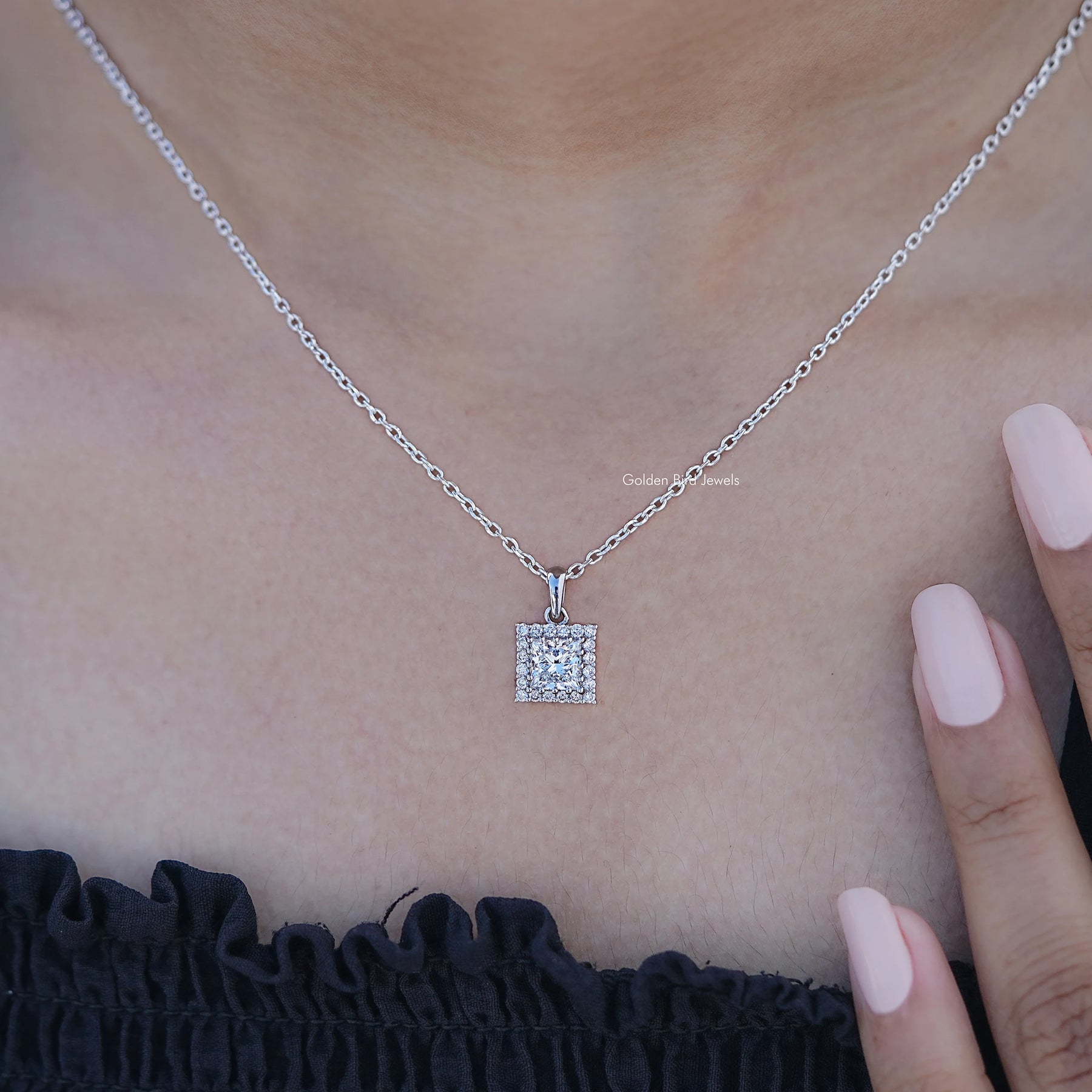 Detailed View of Princess Cut Lab Diamond Halo Pendant