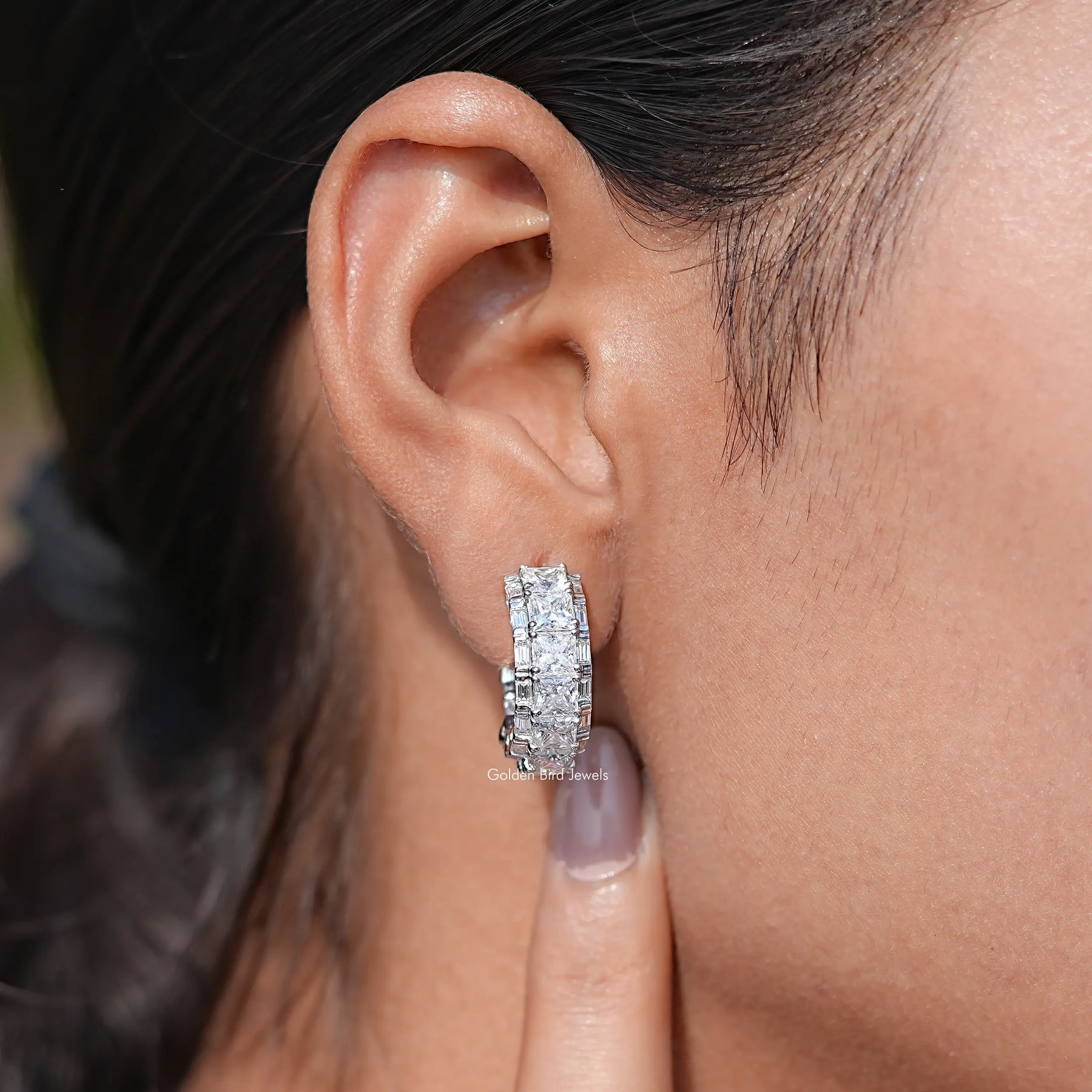 Princess Cut Moissanite C-Hoop Earring In White Gold