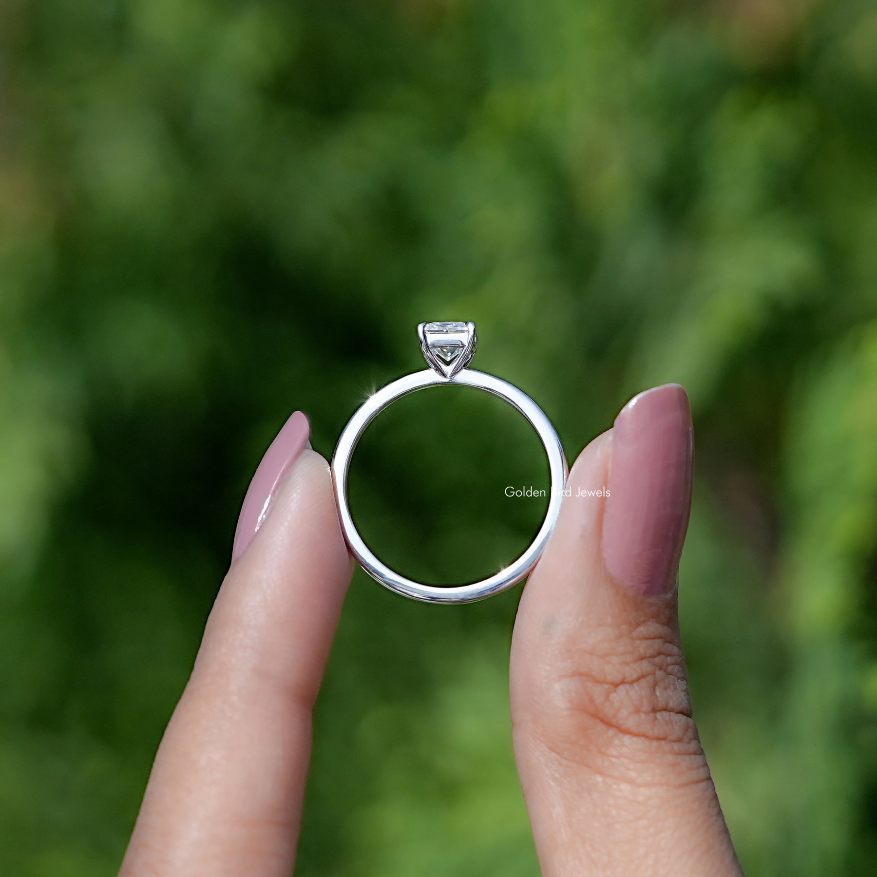 Back view of Princess Cut Moissanite ring in secure setting