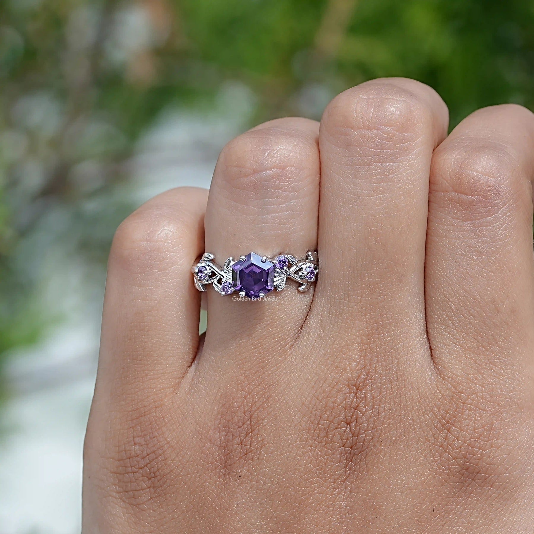 Front View of Purple Amethyst Hexagon Cut In White Gold Ring