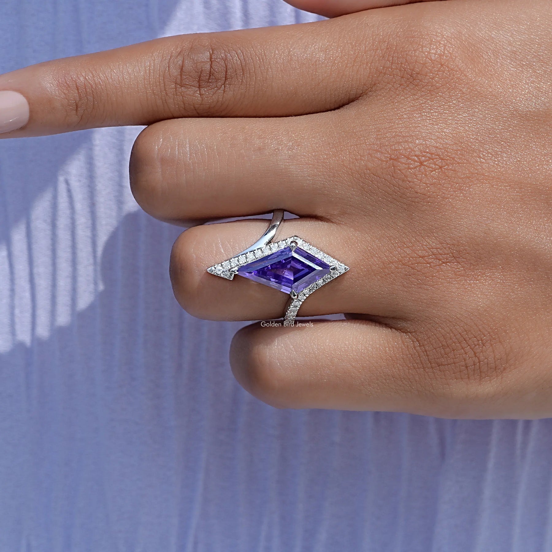 View of Amethyst Kite Cut Gemstone Halo Ring In White Gold