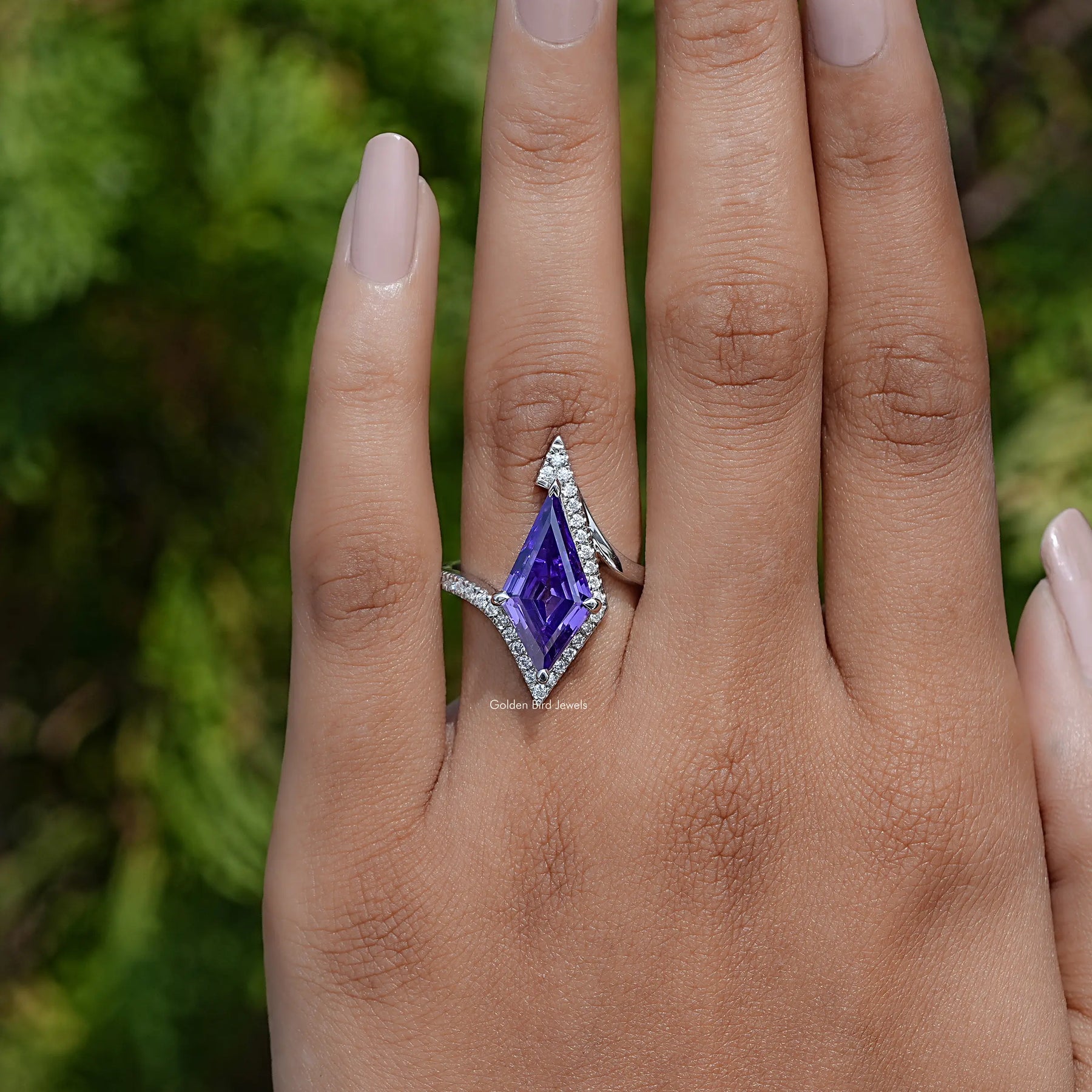 Detailed View of Amethyst Kite Gemstone Halo Accent Ring In White Gold