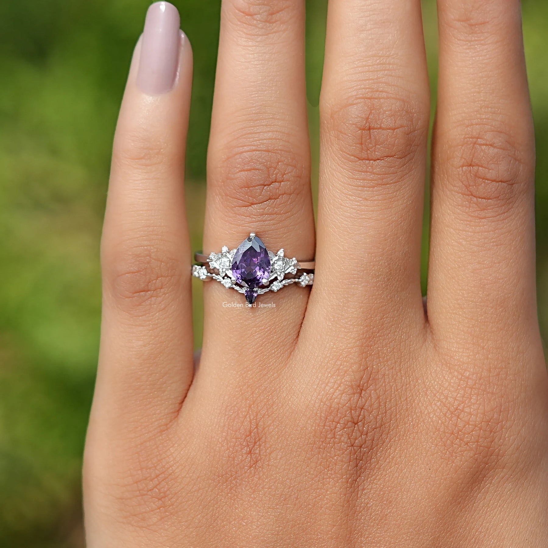 In Finger front view of Pear Cut Gemstone Bridal Ring In White Gold