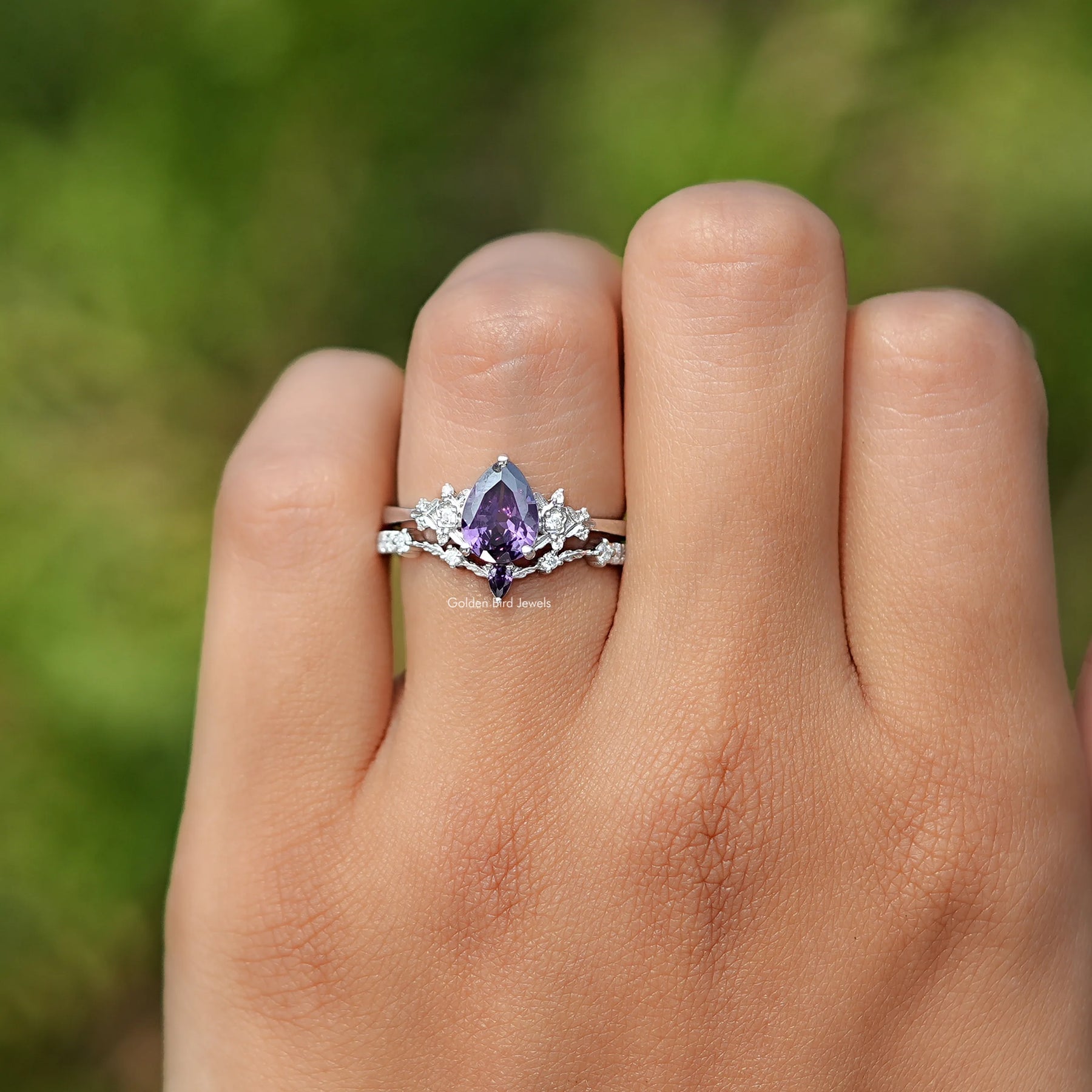 Detailed View of Amethyst Pear Cut Gemstone Ring Set In White Gold
