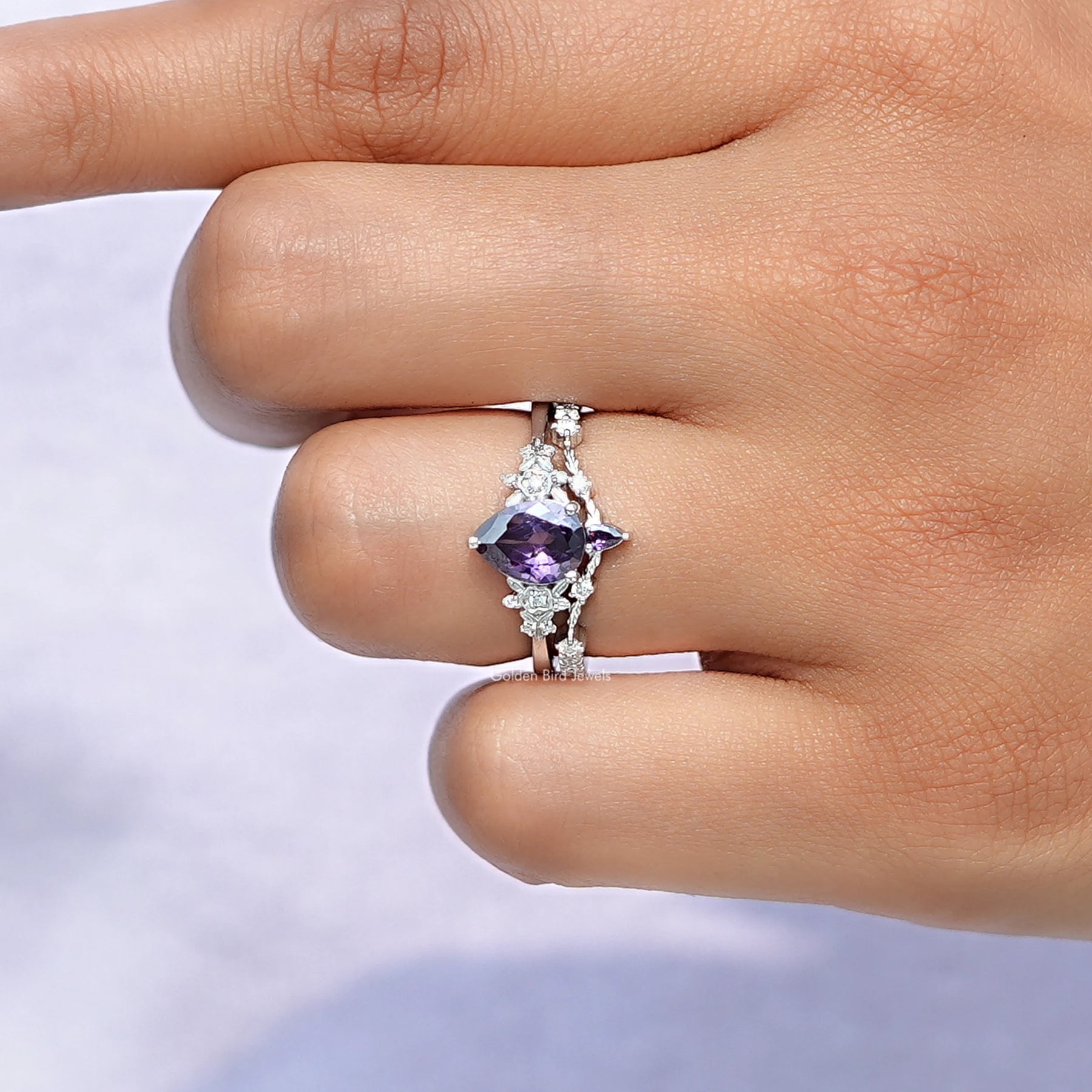 View of Pear shaped Amethyst Engagement ring In White Gold
