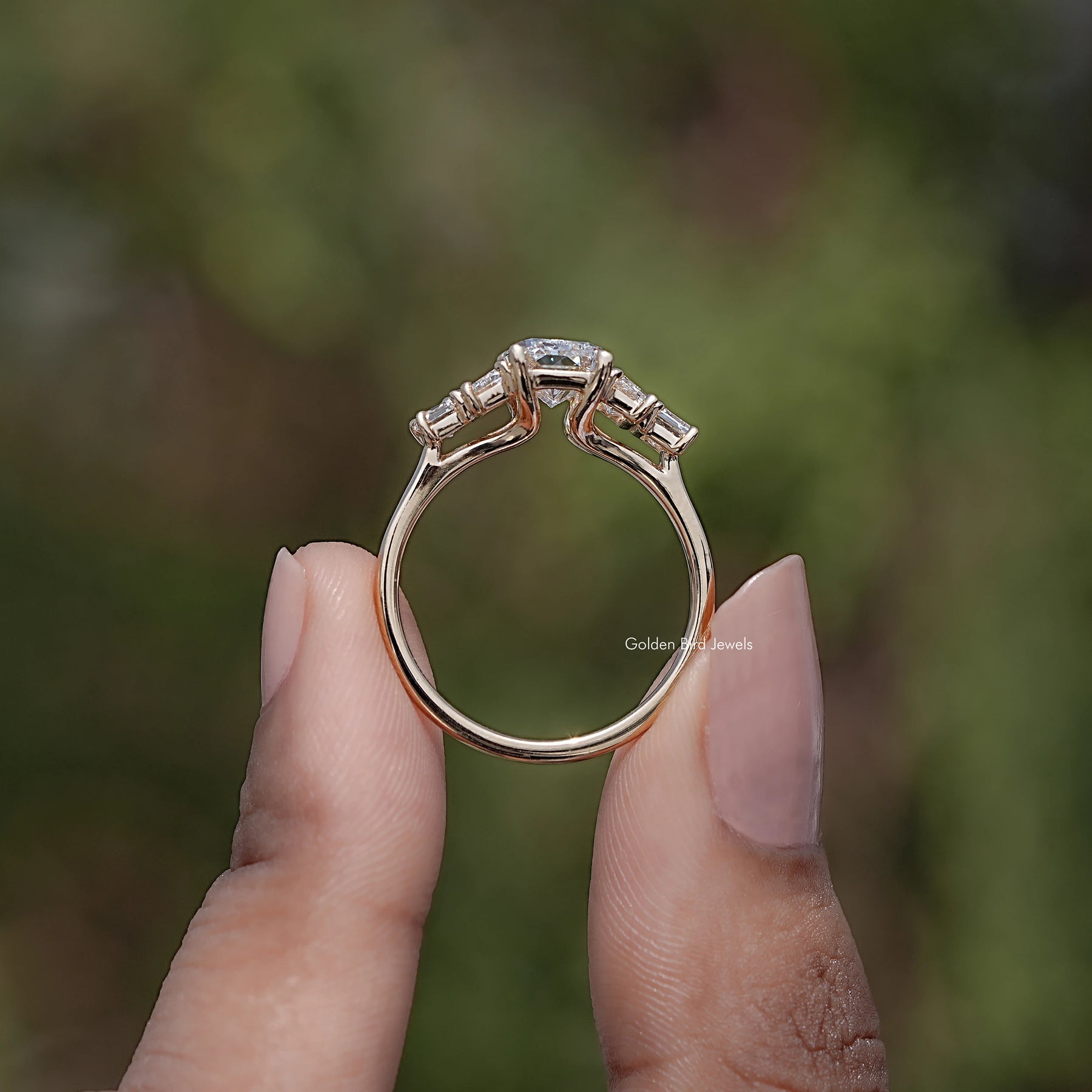 Back view of Radiant And Baguette Lab Diamond Five Stone Bridal Ring