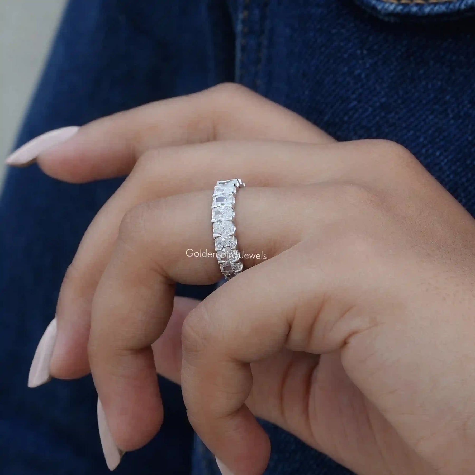 Side View of Radiant Cut lab-grown diamond anniversary band In Finger
