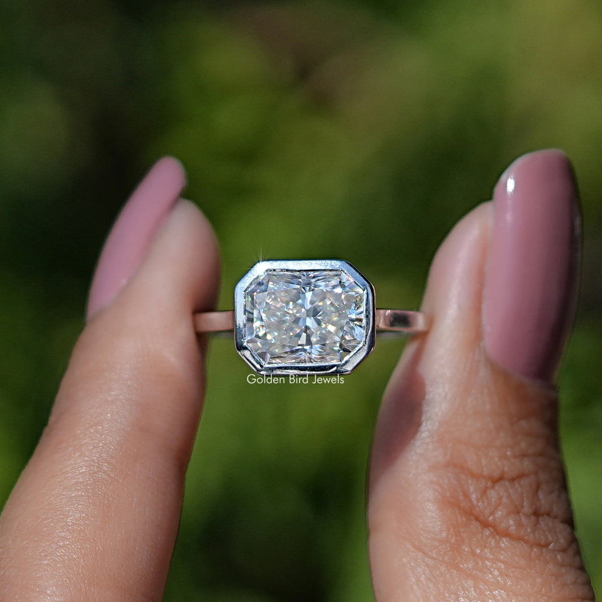 Front view of Radiant Cut Moissanite Bezel Set Engagement Ring