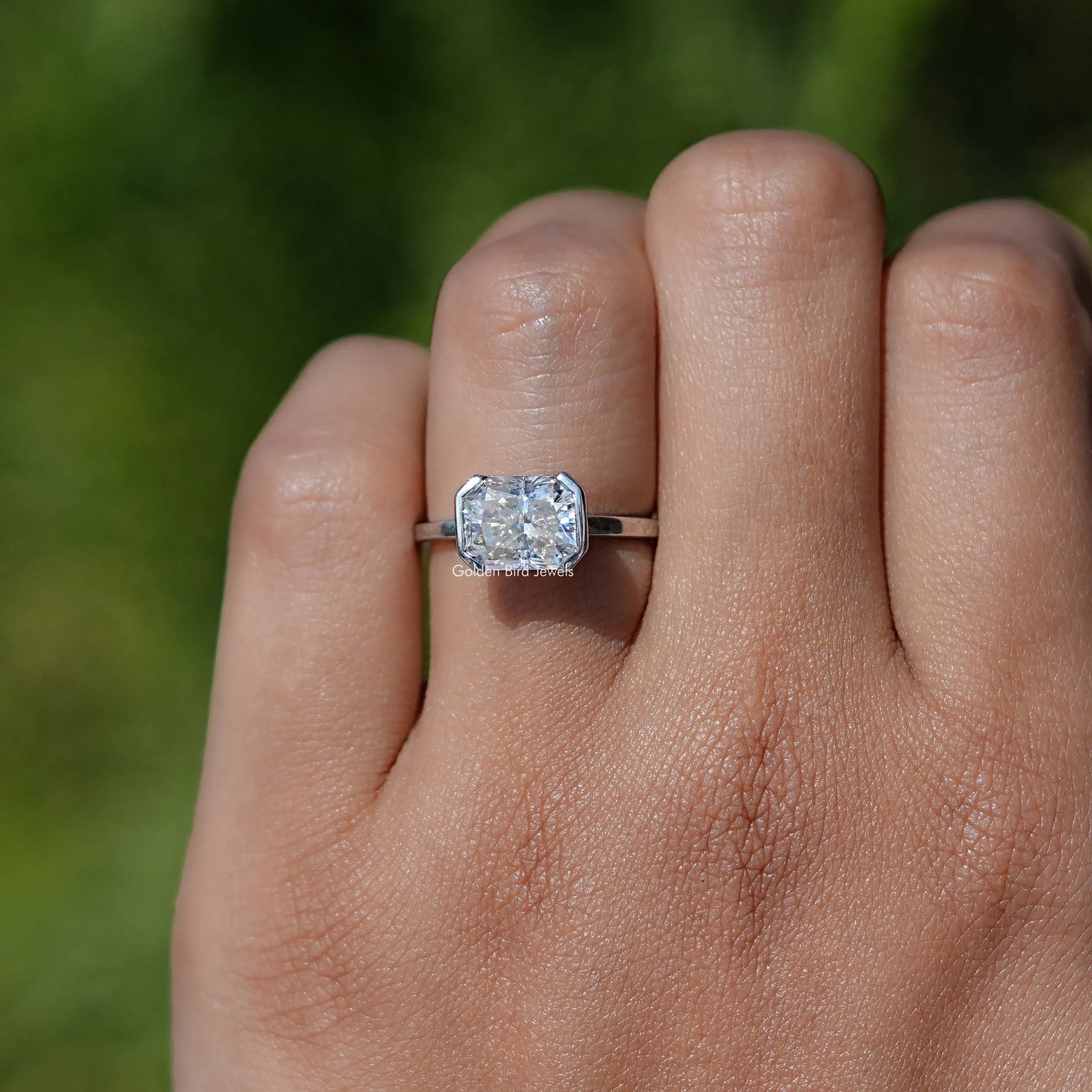 Close view of Radiant Cut Moissanite Solitaire Ring