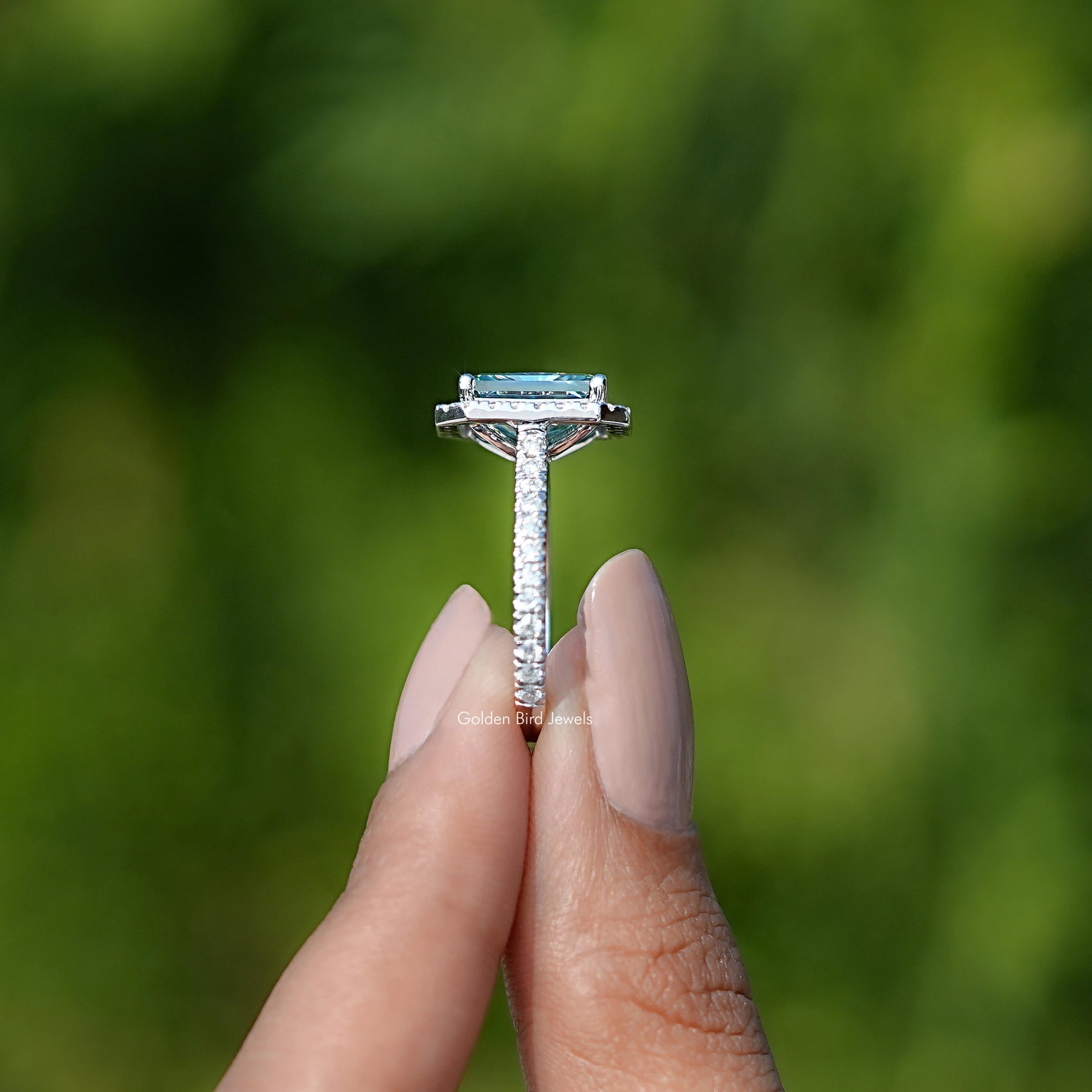 Blue Green Radiant Cut Moissanite Halo Accent Ring