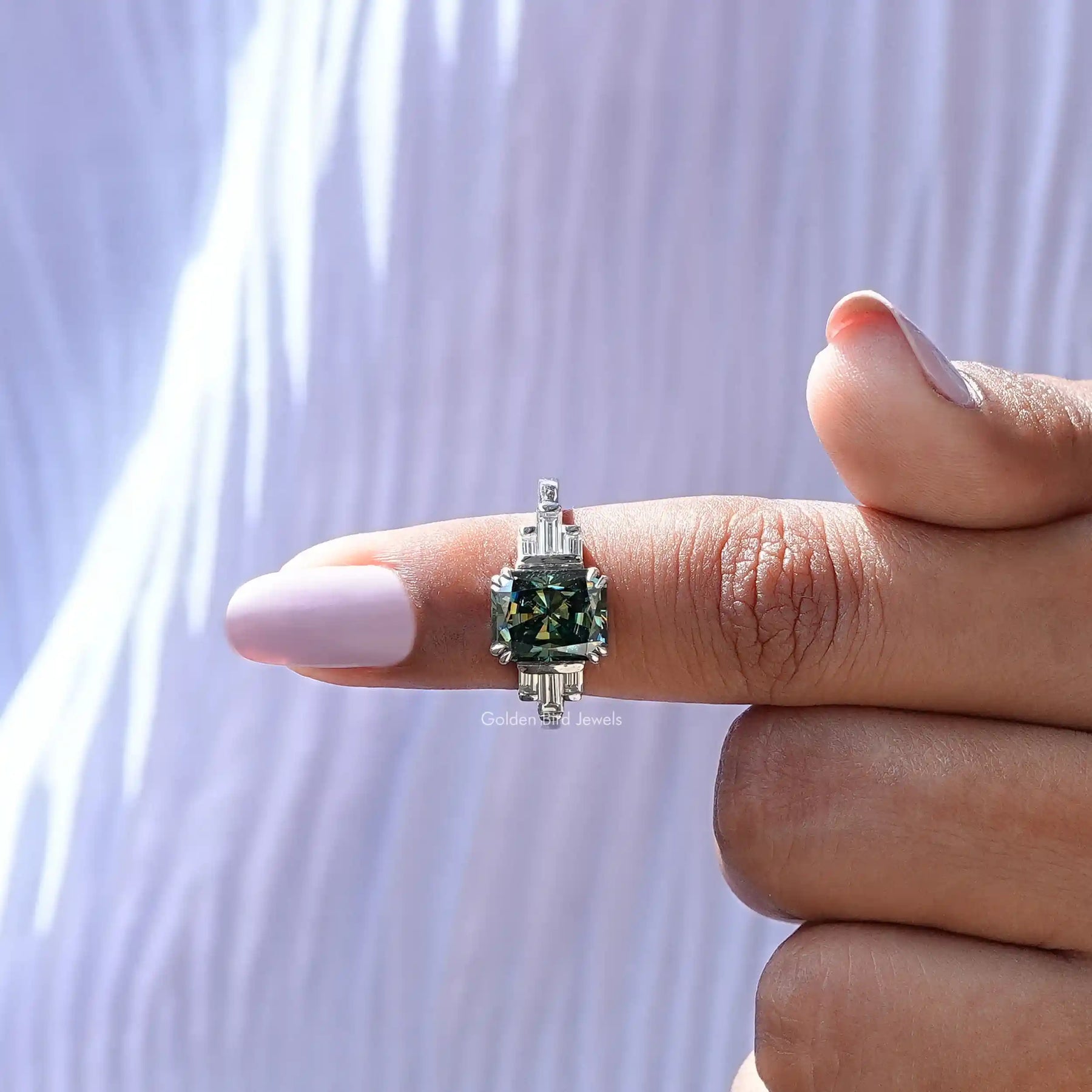 In finger front View of Moissanite Radiant Cut Engagement Ring In White Gold