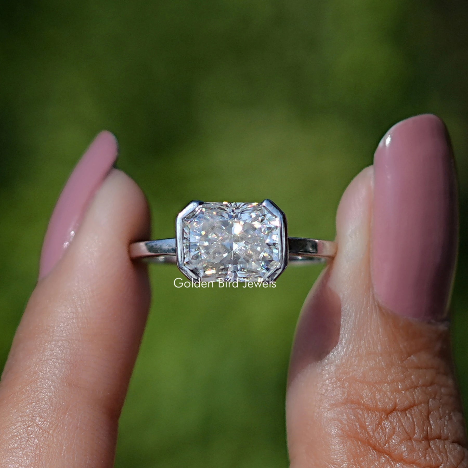 Front view of Radiant Cut Moissanite Solitaire Engagement Ring