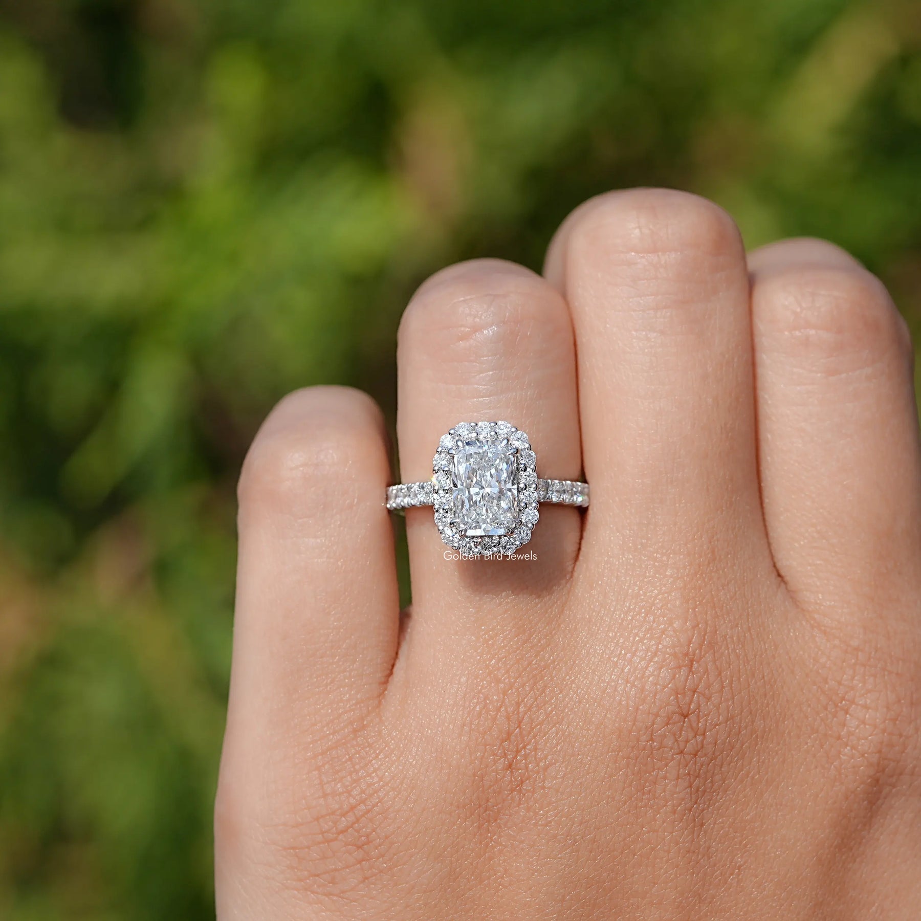 Close view of Radiant Lab Diamond Halo Accent Engagement Ring
