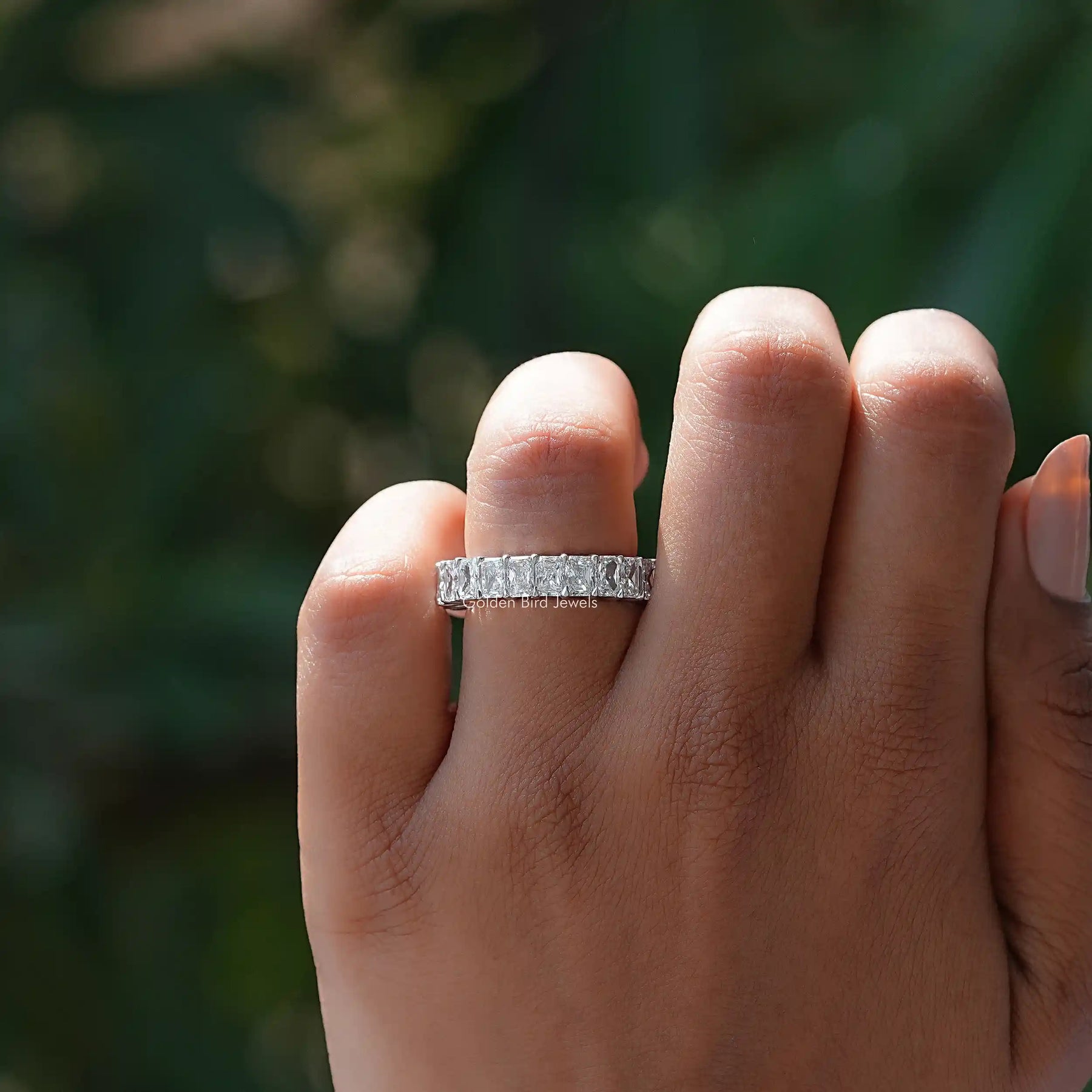 View of Radiant Cut Lab Grown Diamond Wedding Band In Finger