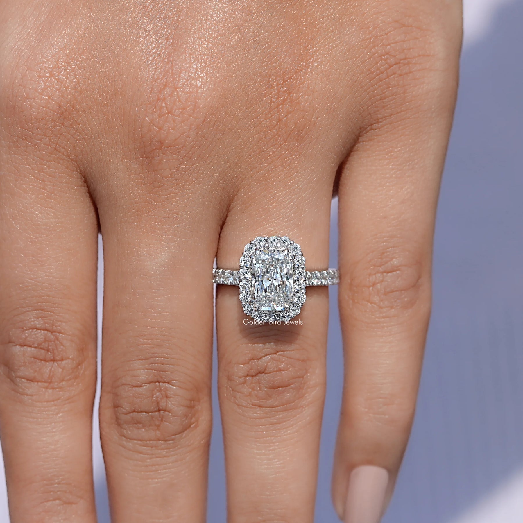 View of Lab Diamond Halo Accent Engagement Ring in prongs setting