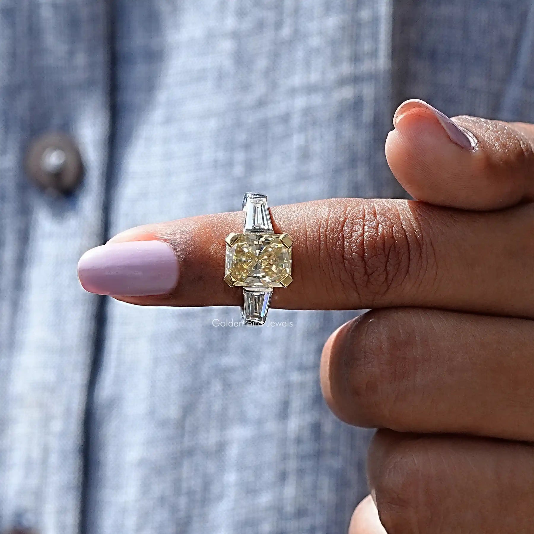 In finger front View of Radiant And Baguette Cut Moissanite Ring In White Gold