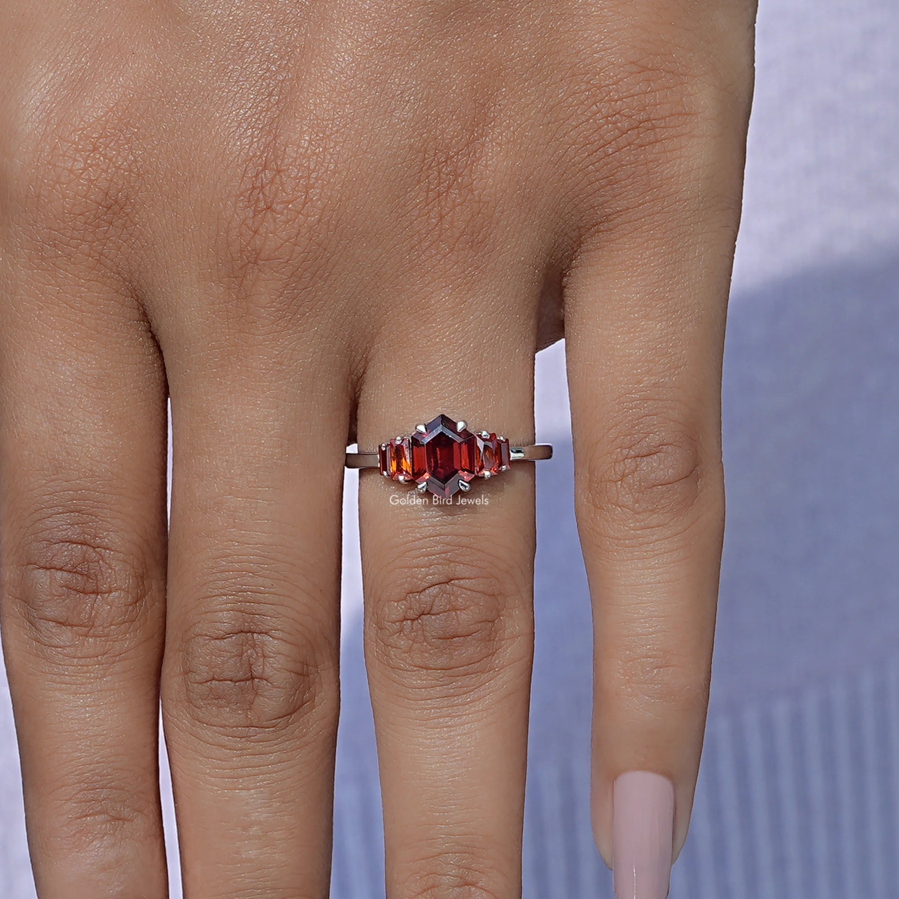 Close-Up View of Hexagon Cut Gemstone 5 Stone Ring In White Gold