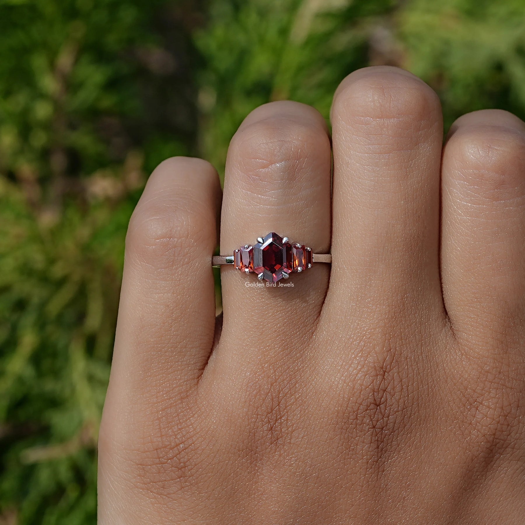 Detailed View of Red Ruby Hexagon Cut Gemstone Ring In White Gold
