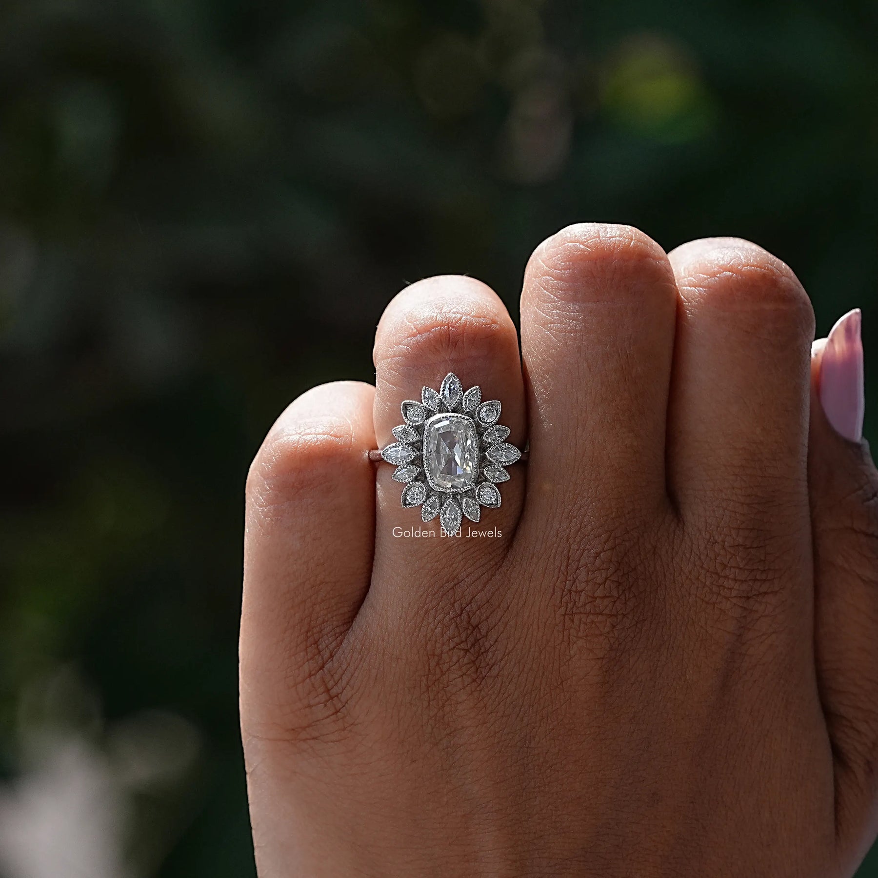 Close-Up View of Cushion Cut Moissanite Engagement Ring In White Gold