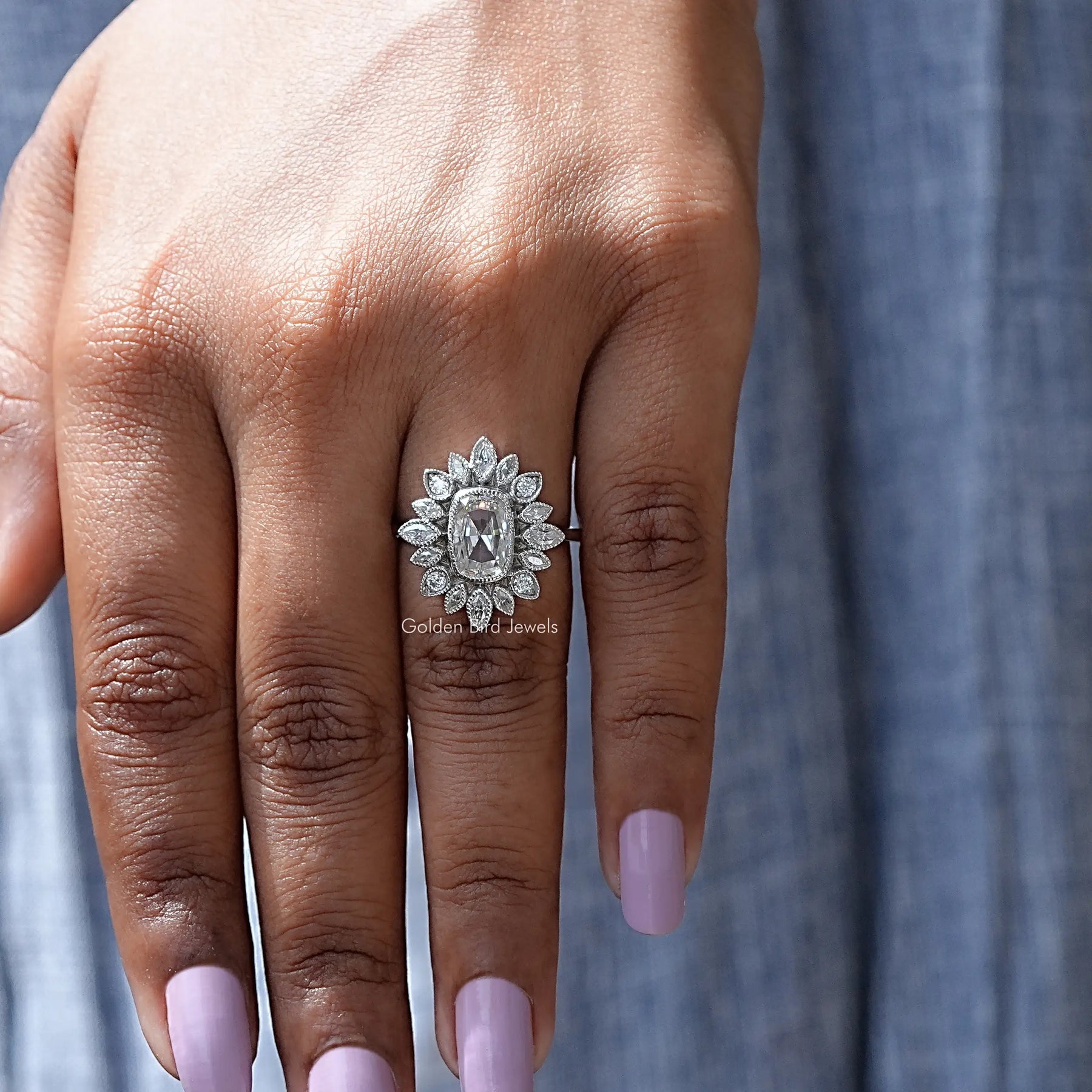 Detailed View Of Cushion Cut Moissanite Halo Cluster Ring In White Gold