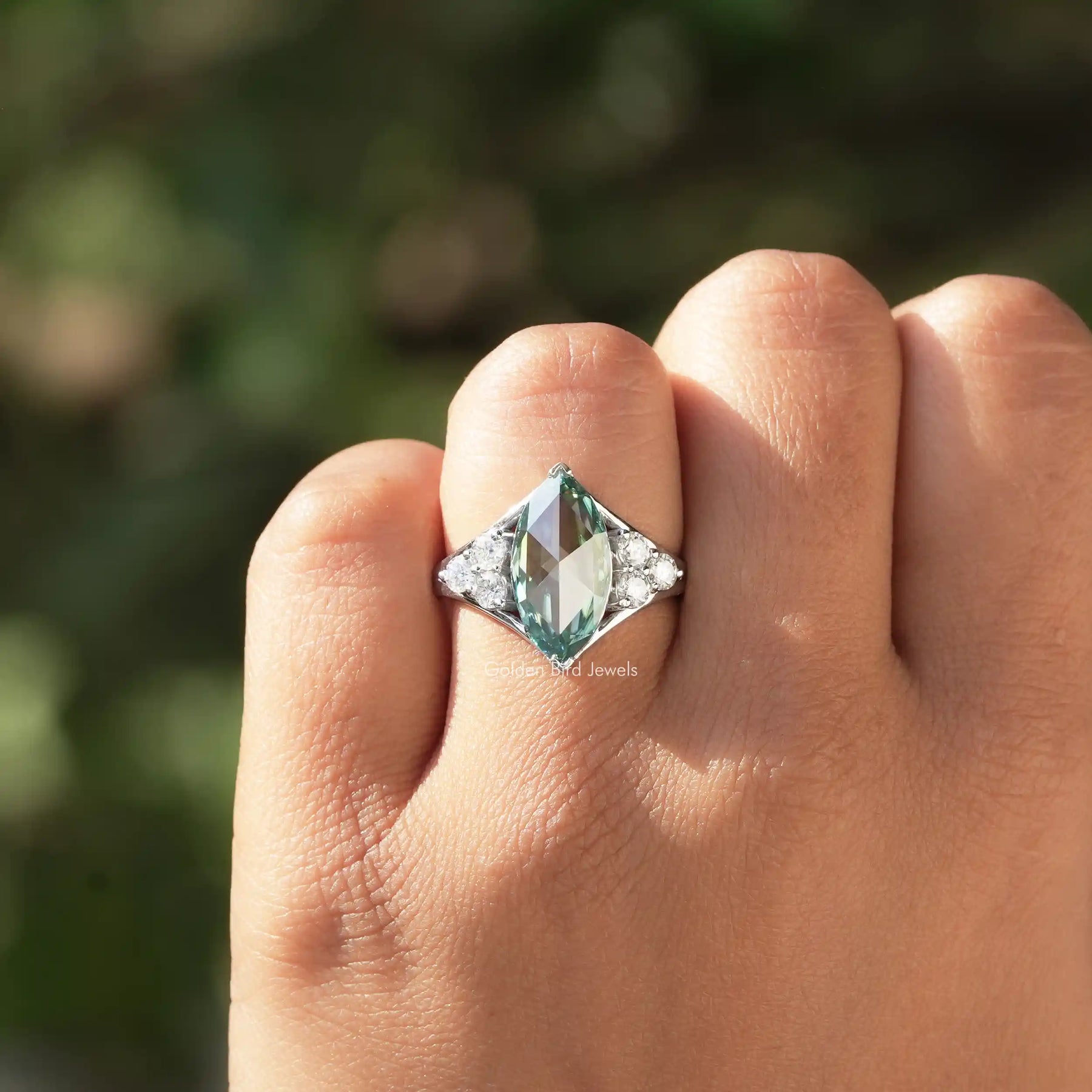 Close-Up View of Rose Cut Marquise Moissanite Engagement Ring