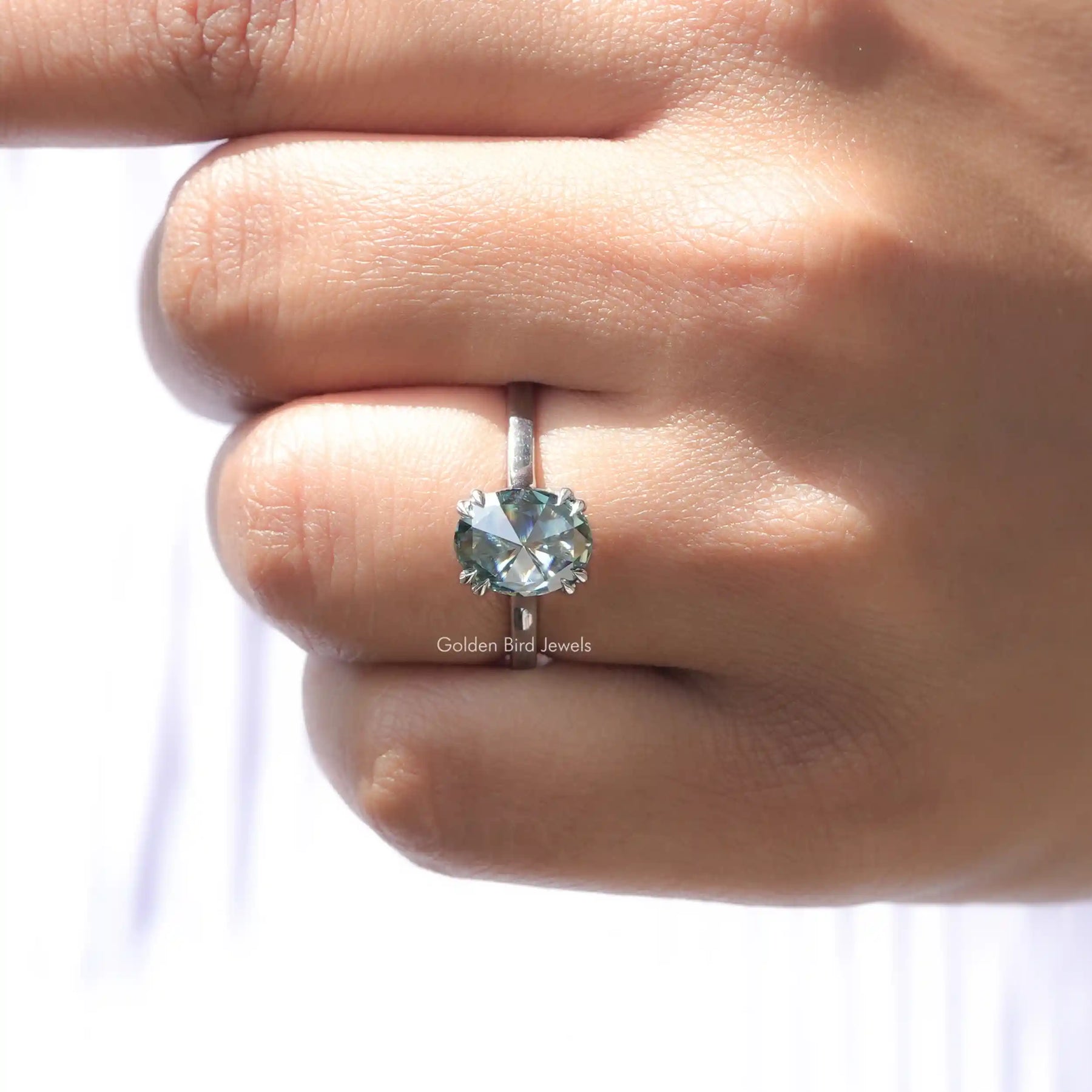 View of Rose Cut Oval Moissanite Solitaire Ring In Finger