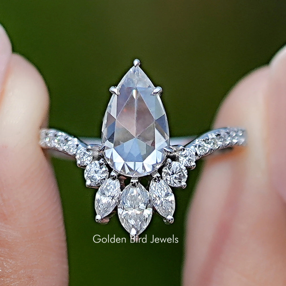 Front view of Rose Cut Pear Moissanite Accent Set Bridal Ring